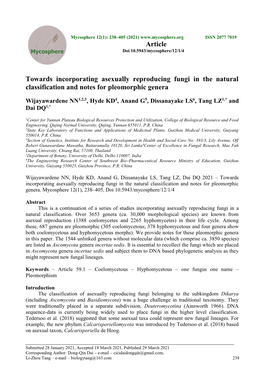 Towards Incorporating Asexually Reproducing Fungi in the Natural Classification and Notes for Pleomorphic Genera