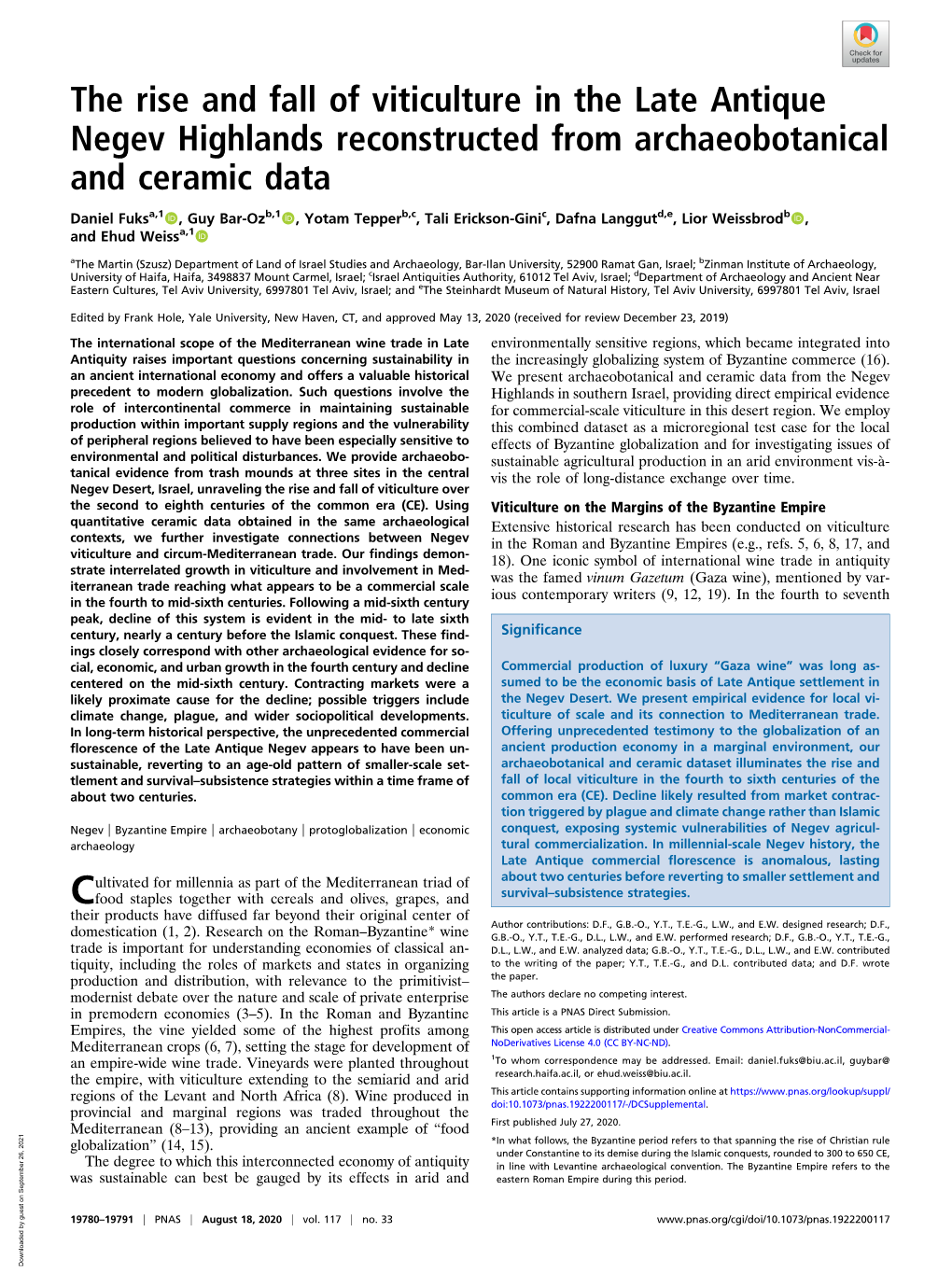 The Rise and Fall of Viticulture in the Late Antique Negev Highlands Reconstructed from Archaeobotanical and Ceramic Data