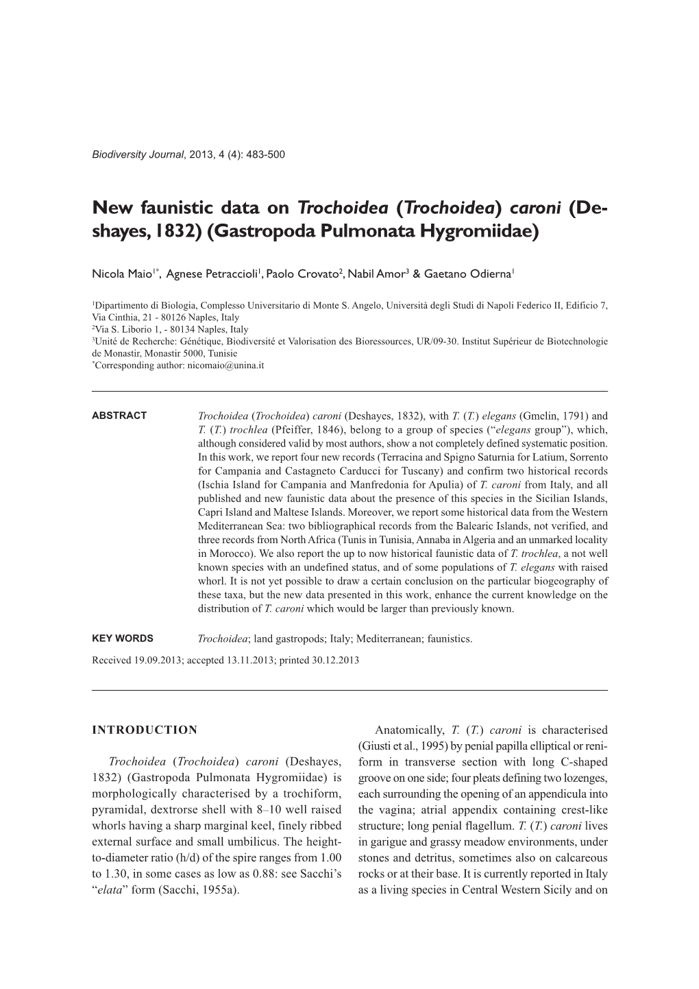 Trochoidea) Caroni (De- Shayes, 1832) (Gastropoda Pulmonata Hygromiidae