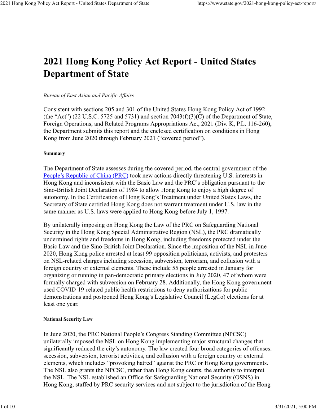2021 Hong Kong Policy Act Report - United States Department of State