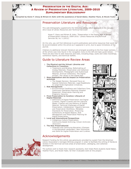 Preservation in the Digital Age: a Review of Preservation Literature, 2009-2010 Supplementary Bibliography