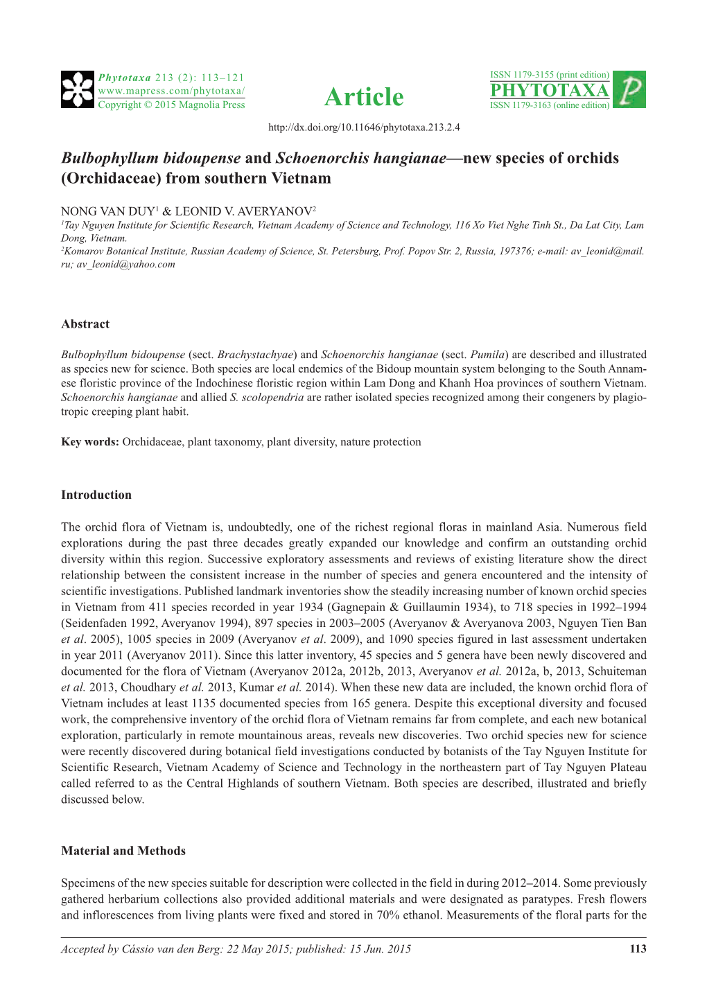 Bulbophyllum Bidoupense and Schoenorchis Hangianae—New Species of Orchids (Orchidaceae) from Southern Vietnam