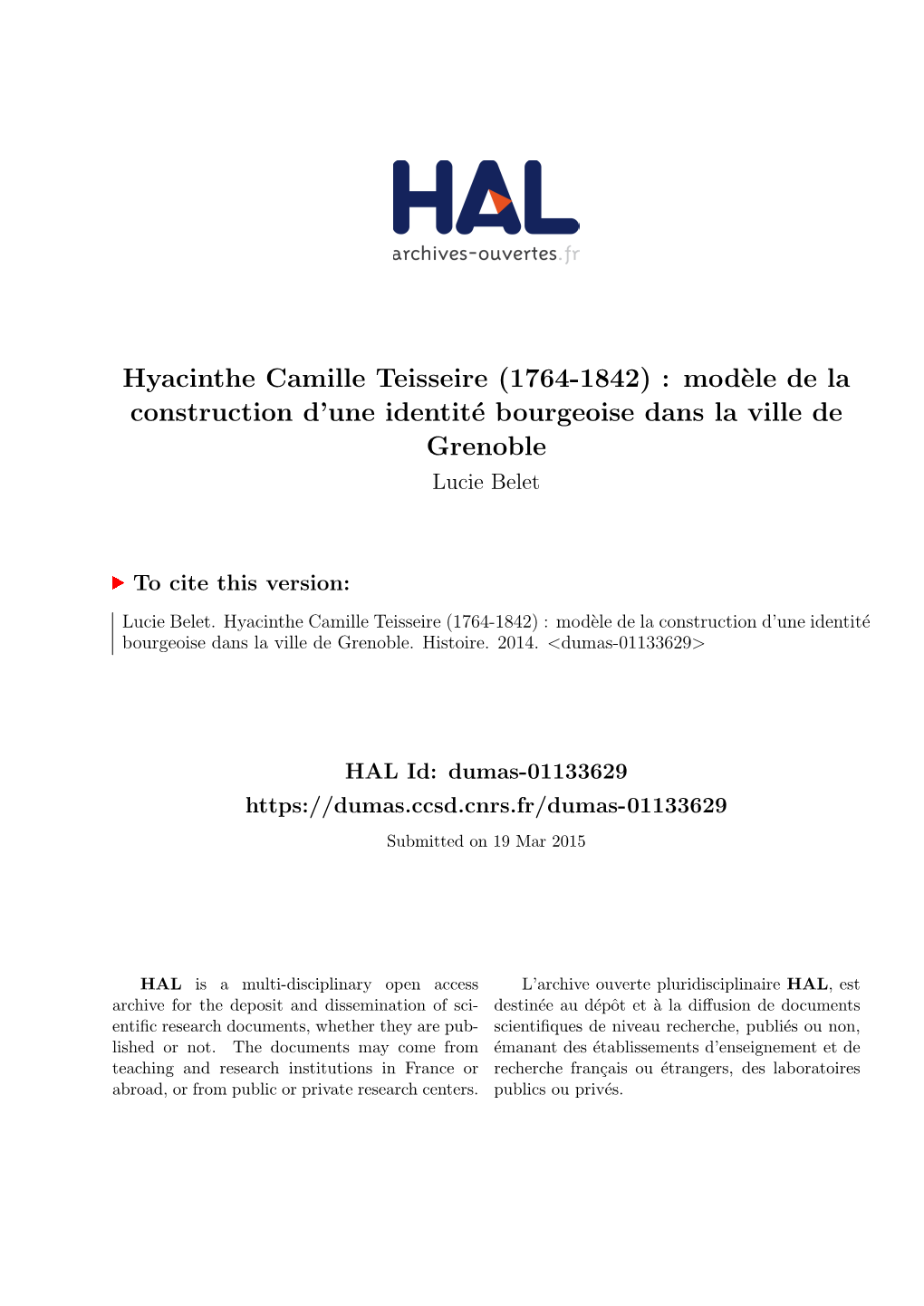 Hyacinthe Camille Teisseire (1764-1842) : Modèle De La