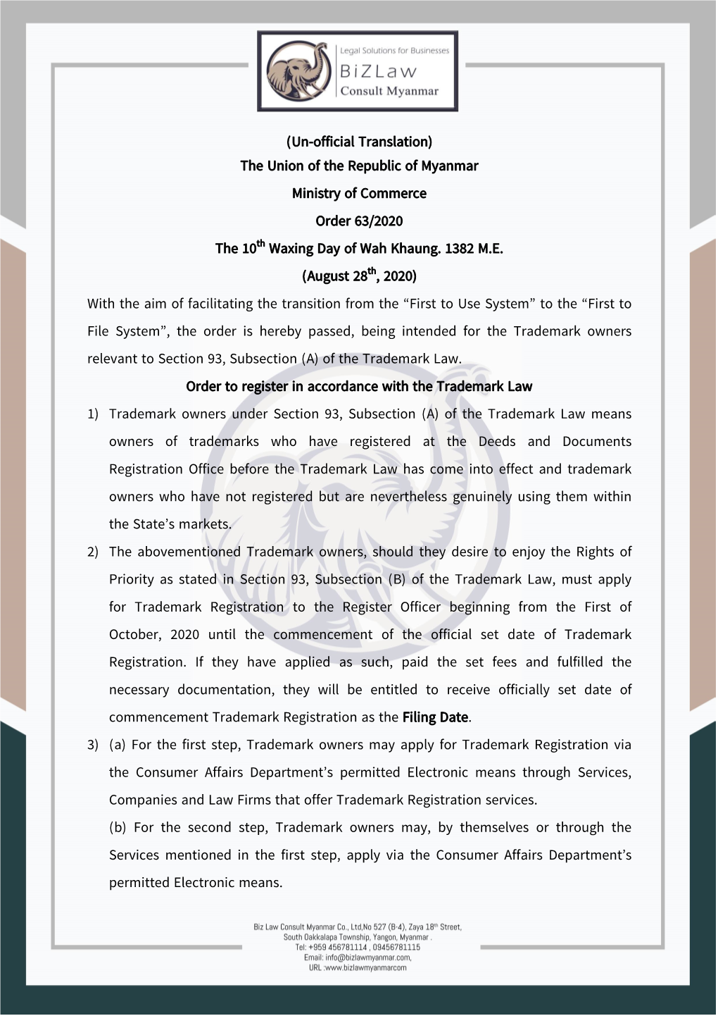 (Un-Official Translation) the Union of the Republic of Myanmar Ministry of Commerce Order 63/2020 the 10Th Waxing Day of Wah Khaung