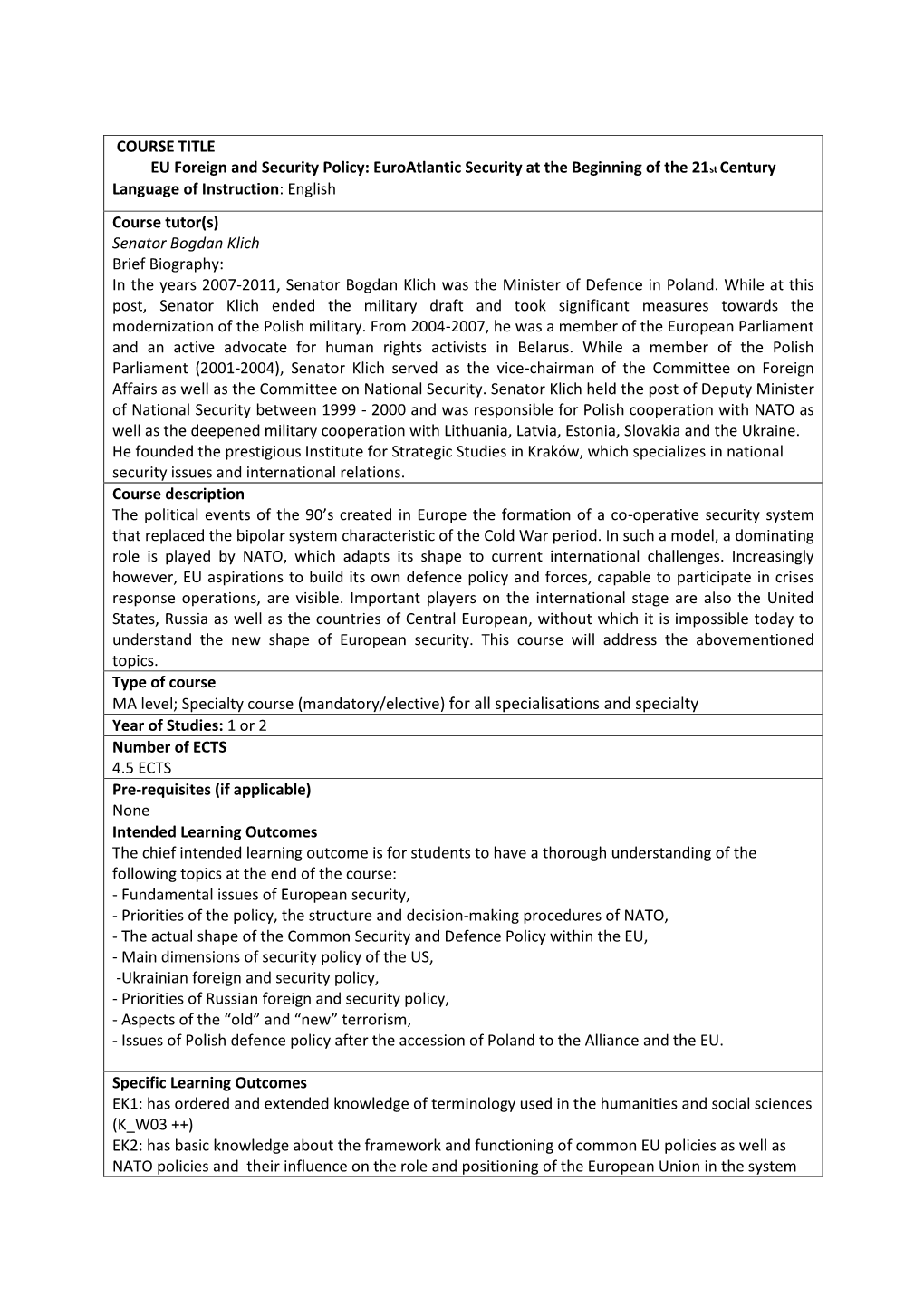 COURSE TITLE EU Foreign and Security Policy: Euroatlantic