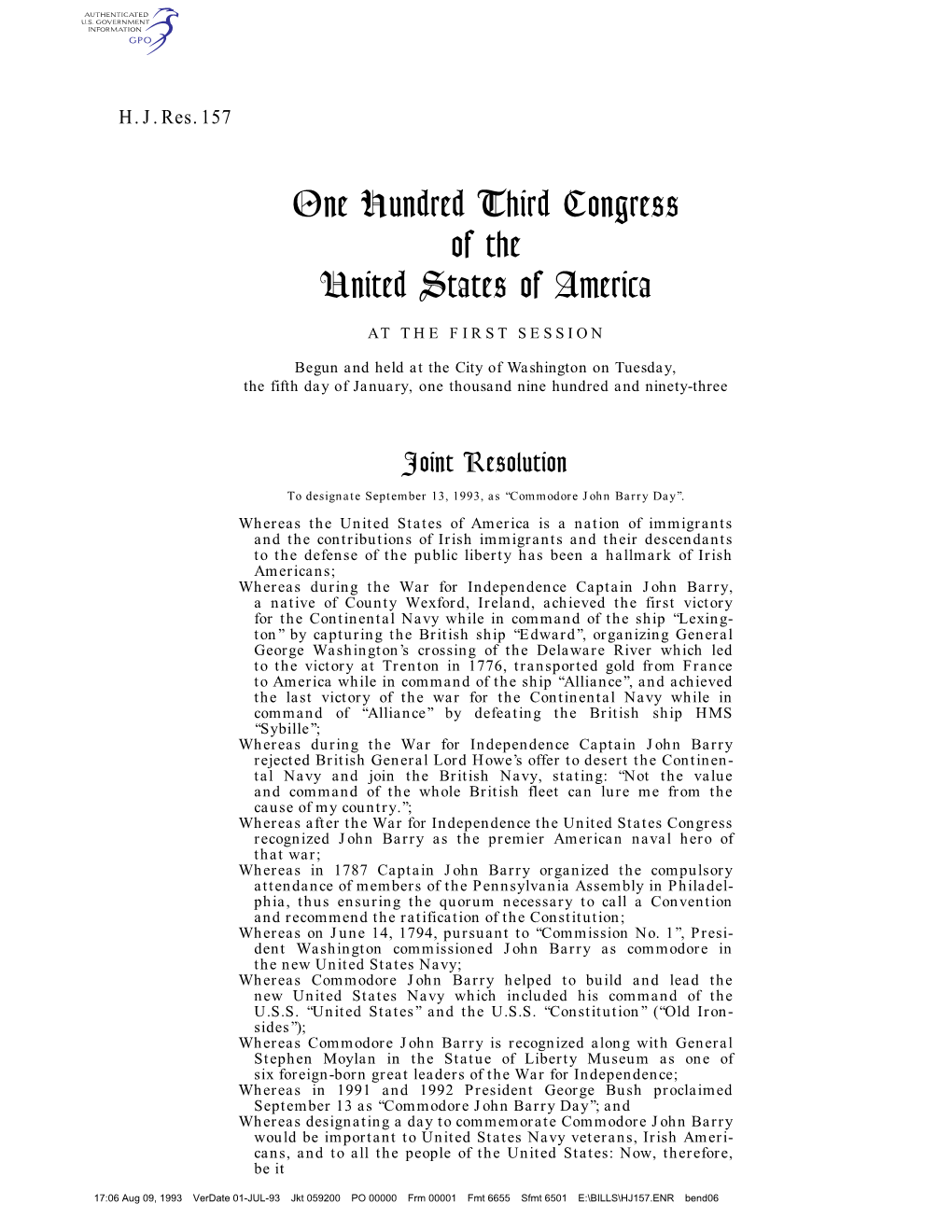 One Hundred Third Congress of the United States of America