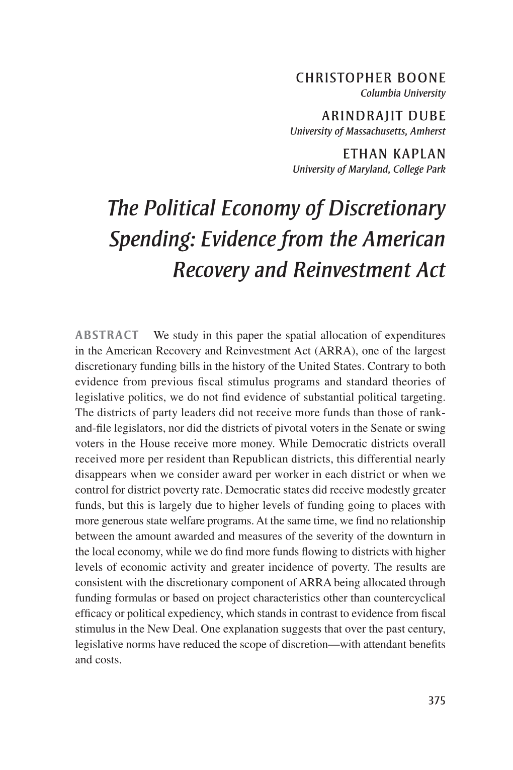The Political Economy of Discretionary Spending: Evidence from the American Recovery and Reinvestment Act