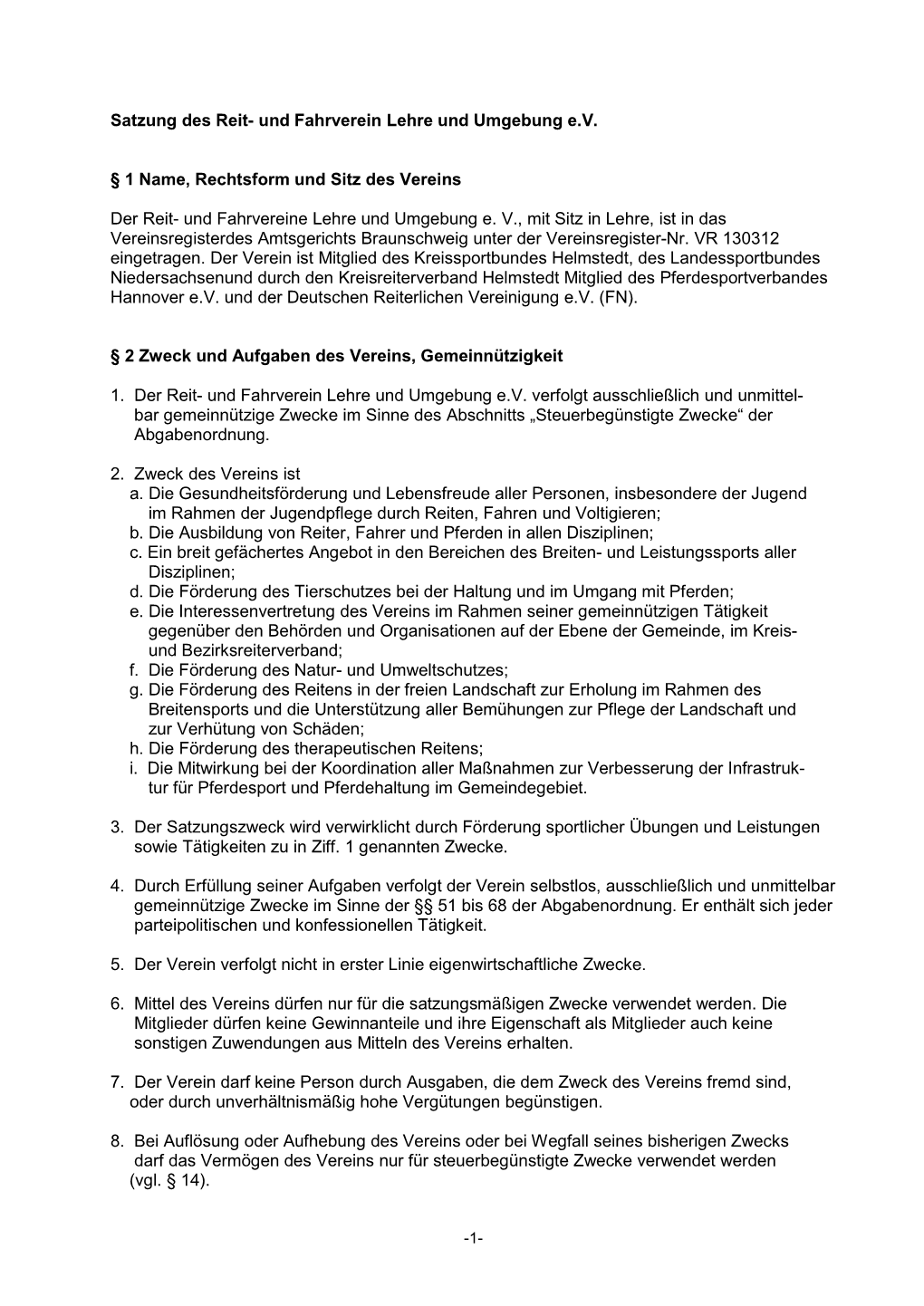 Satzung Des Reit- Und Fahrverein Lehre Und Umgebung E.V. § 1 Name, Rechtsform Und Sitz Des Vereins Der Reit- Und Fahrvereine Le