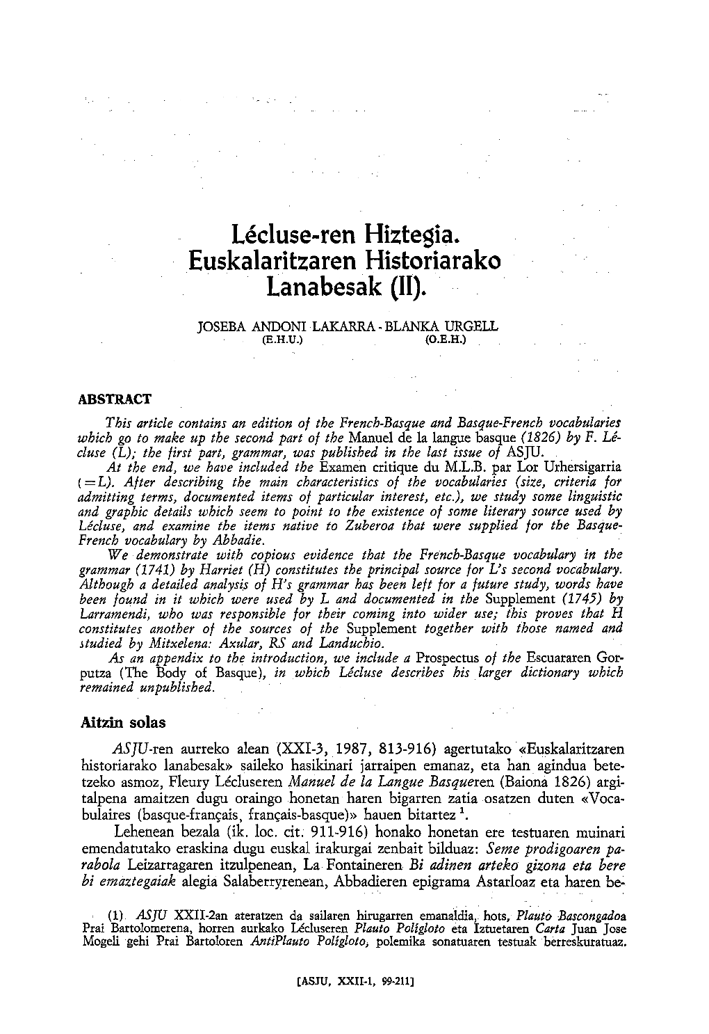 Lecluse-Ren Hiztegia. Euskalaritzaren Historiarako Lanabesak (11)•