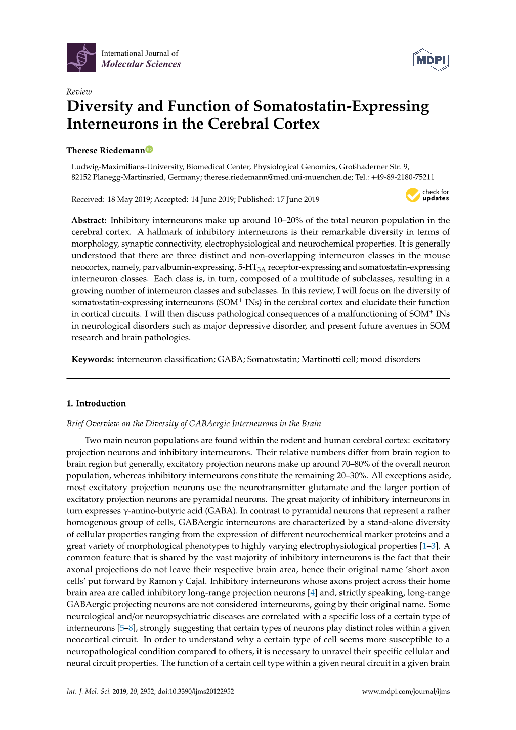 Diversity and Function of Somatostatin-Expressing Interneurons in the Cerebral Cortex