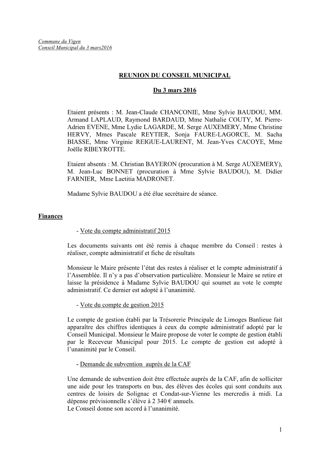 1 REUNION DU CONSEIL MUNICIPAL Du 3 Mars