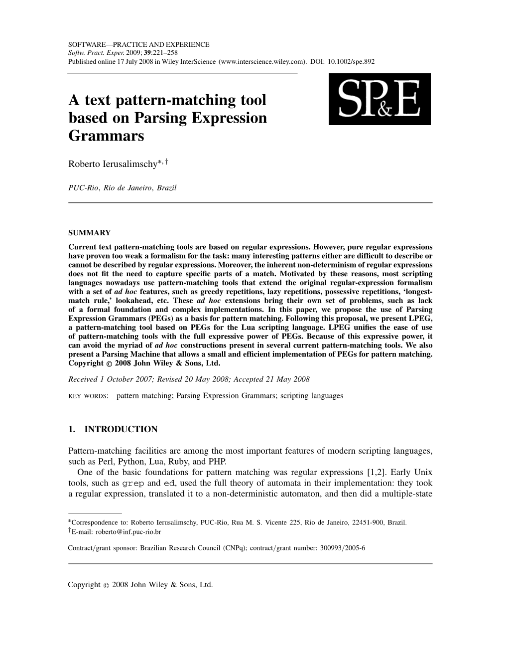 A Text Pattern-Matching Tool Based on Parsing Expression Grammars