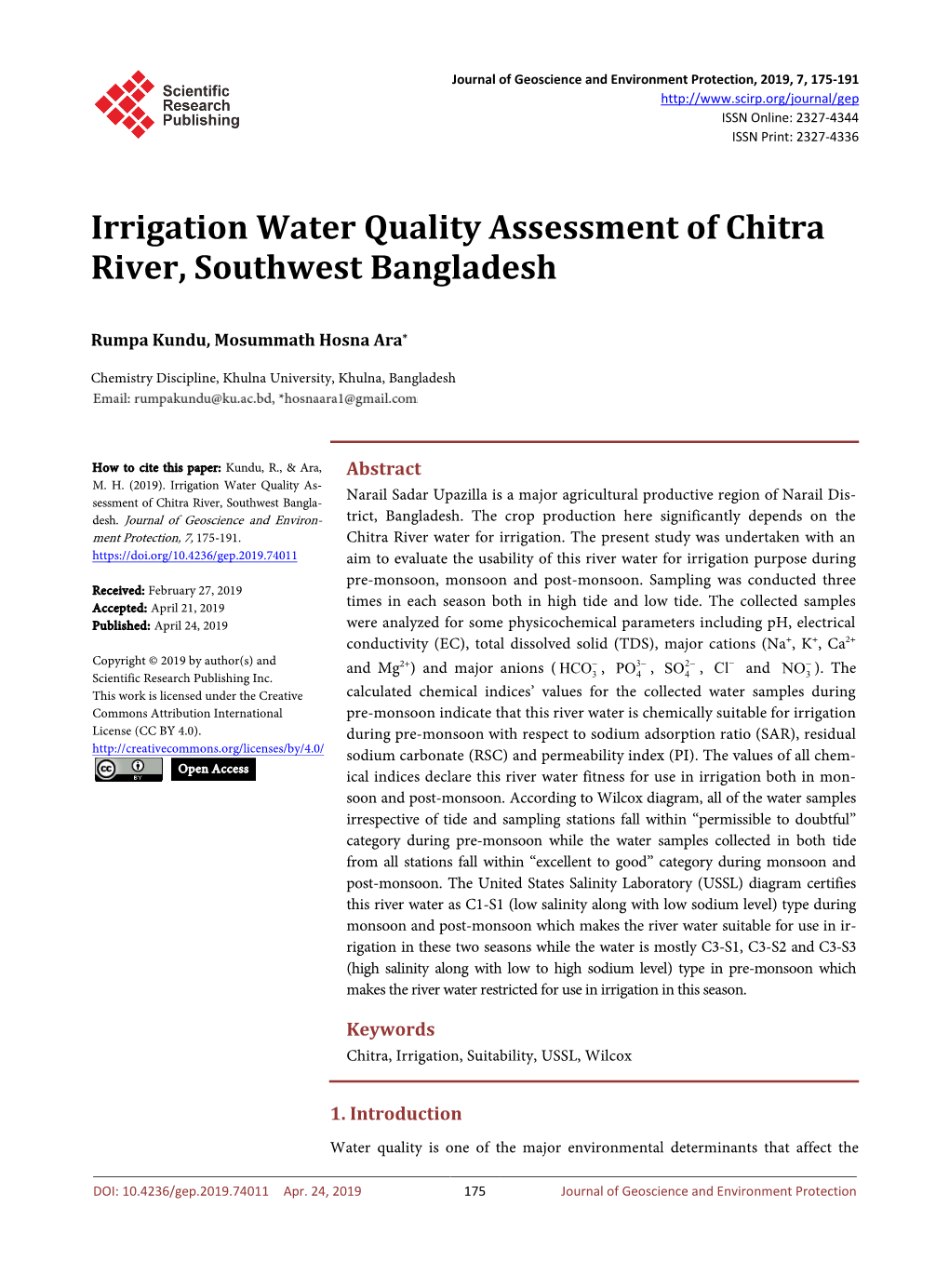 Irrigation Water Quality Assessment of Chitra River, Southwest Bangladesh