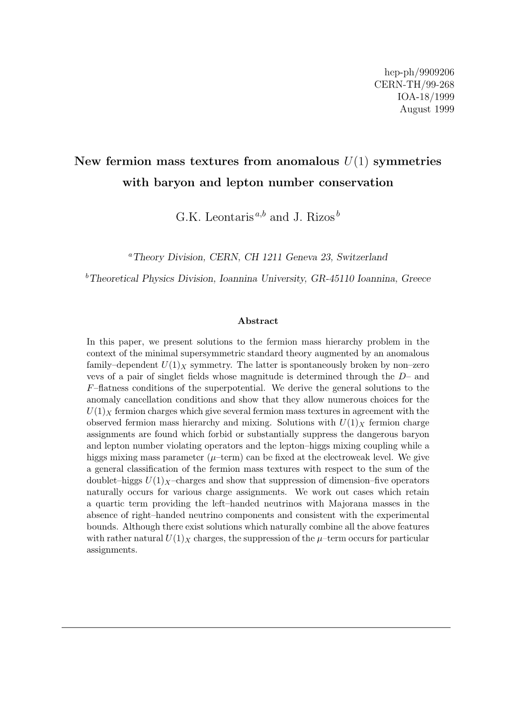 New Fermion Mass Textures from Anomalous U(1) Symmetries with Baryon and Lepton Number Conservation