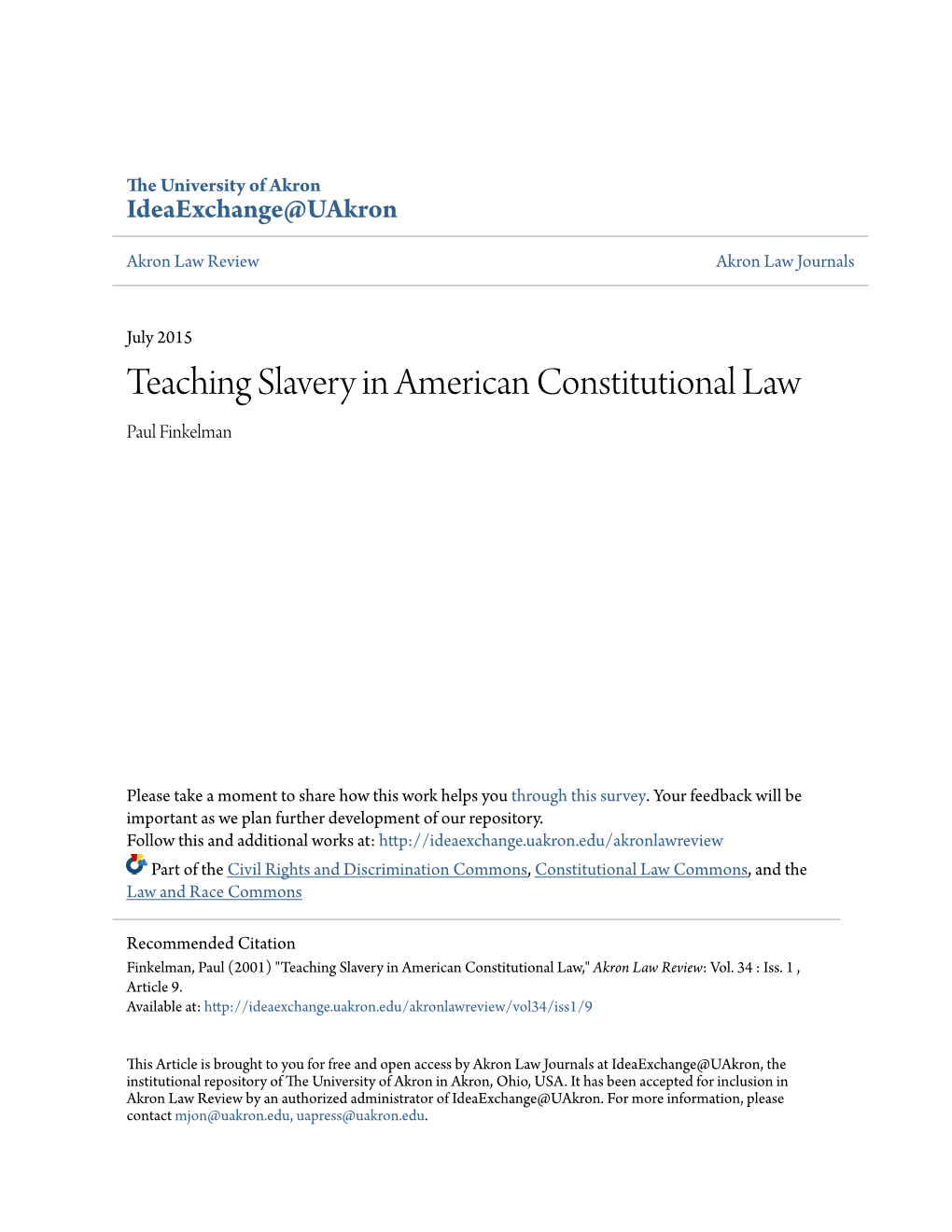 Teaching Slavery in American Constitutional Law Paul Finkelman