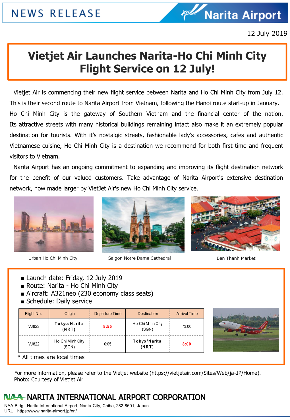 Vietjet Air Launches Narita-Ho Chi Minh City Flight Service on 12 July!