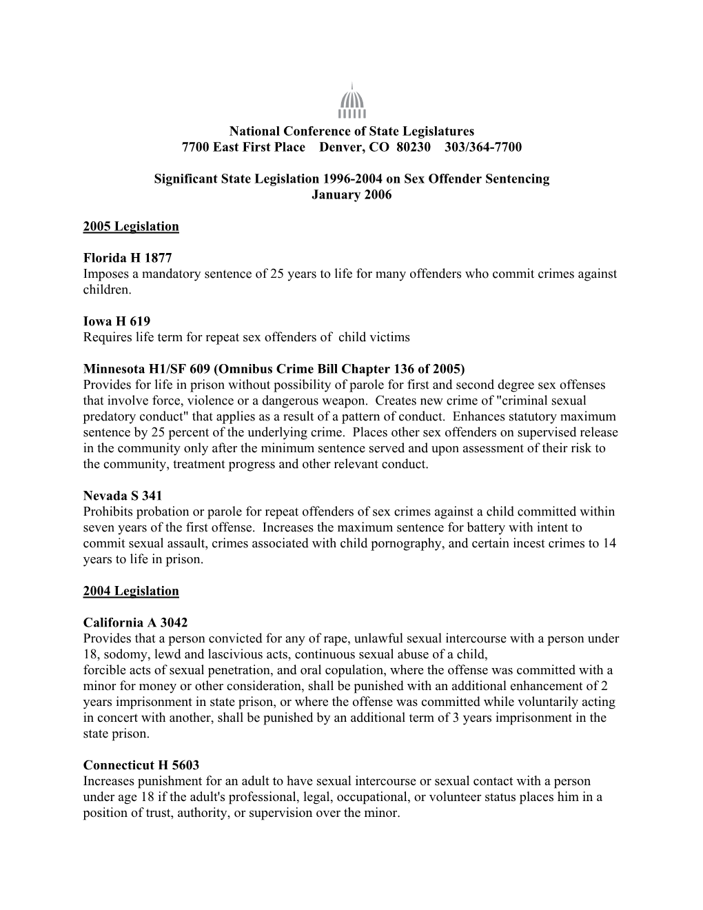 National Conference of State Legislatures 7700 East First Place Denver, CO 80230 303/364-7700