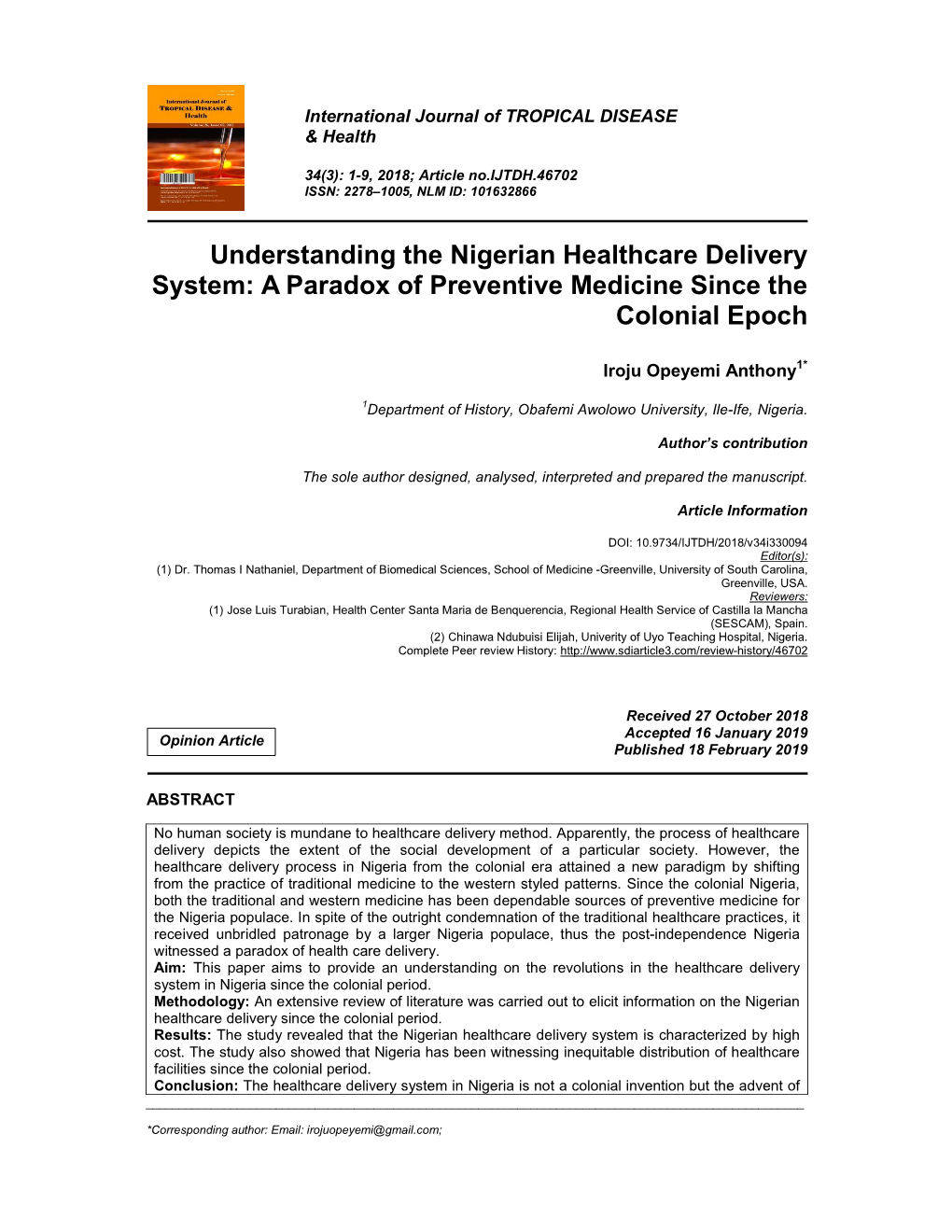 Understanding the Nigerian Healthcare Delivery System: a Paradox of Preventive Medicine Since the Colonial Epoch