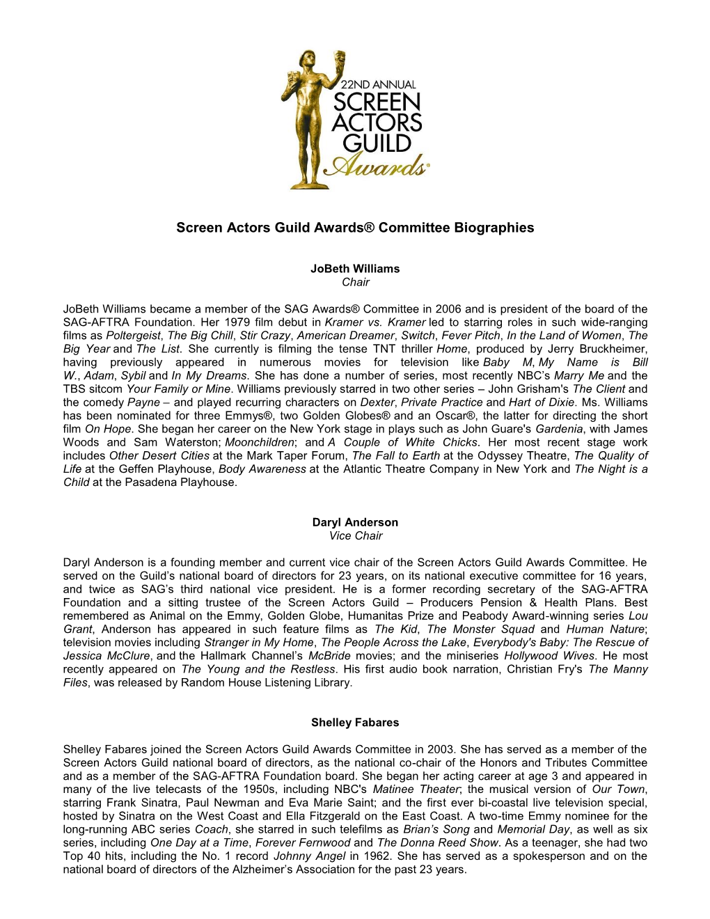 Screen Actors Guild Awards® Committee Biographies