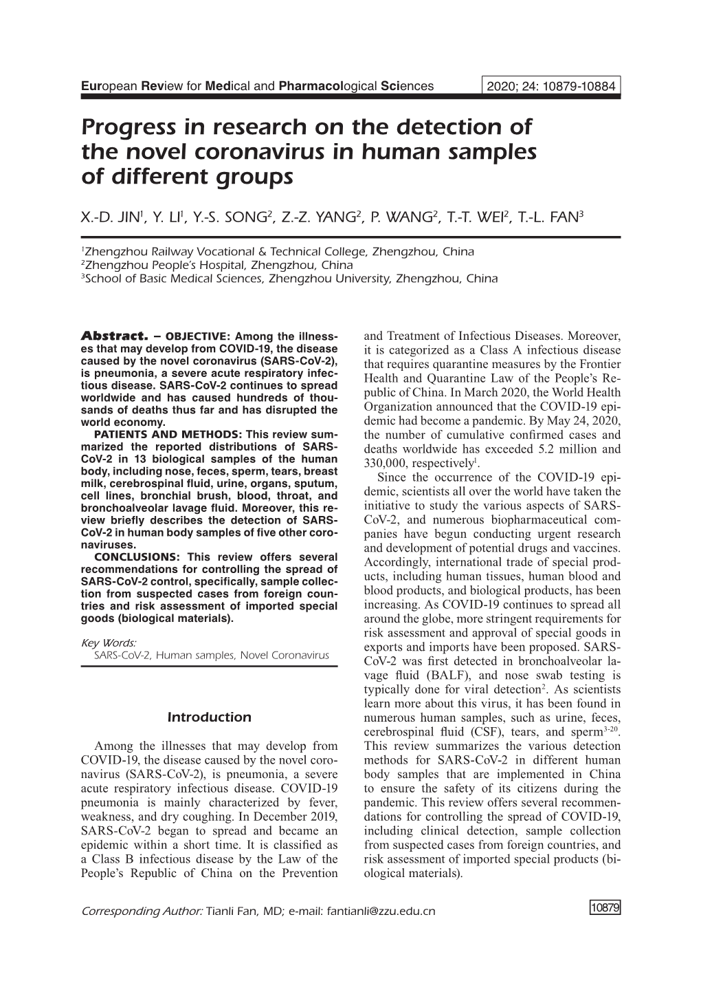 Progress in Research on the Detection of the Novel Coronavirus in Human Samples of Different Groups
