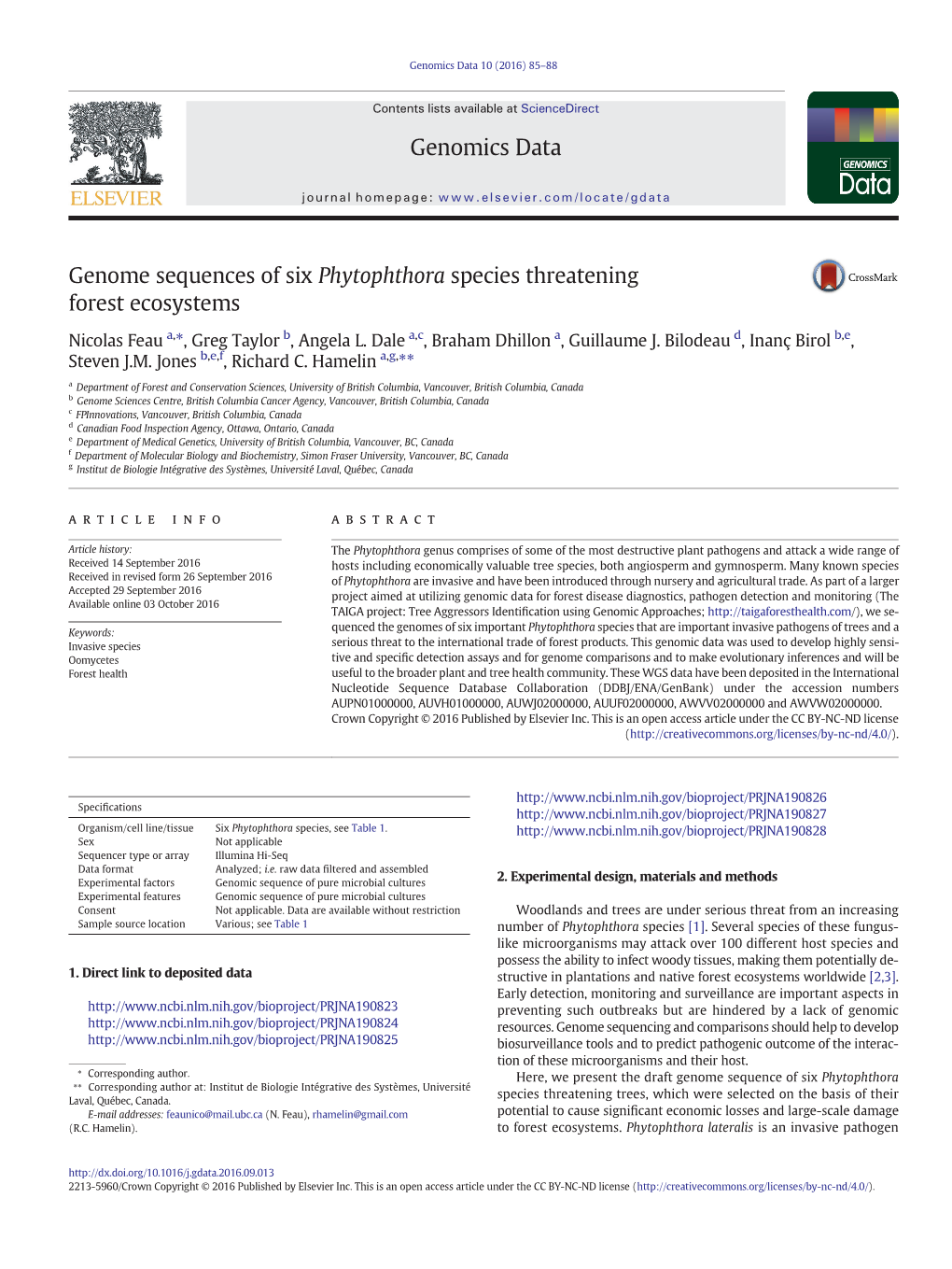 Genome Sequences of Six Phytophthora Species Threatening Forest Ecosystems