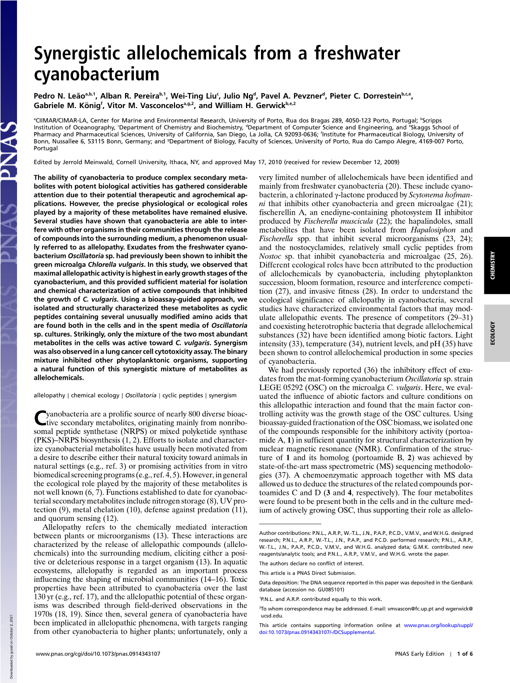 Synergistic Allelochemicals from a Freshwater Cyanobacterium