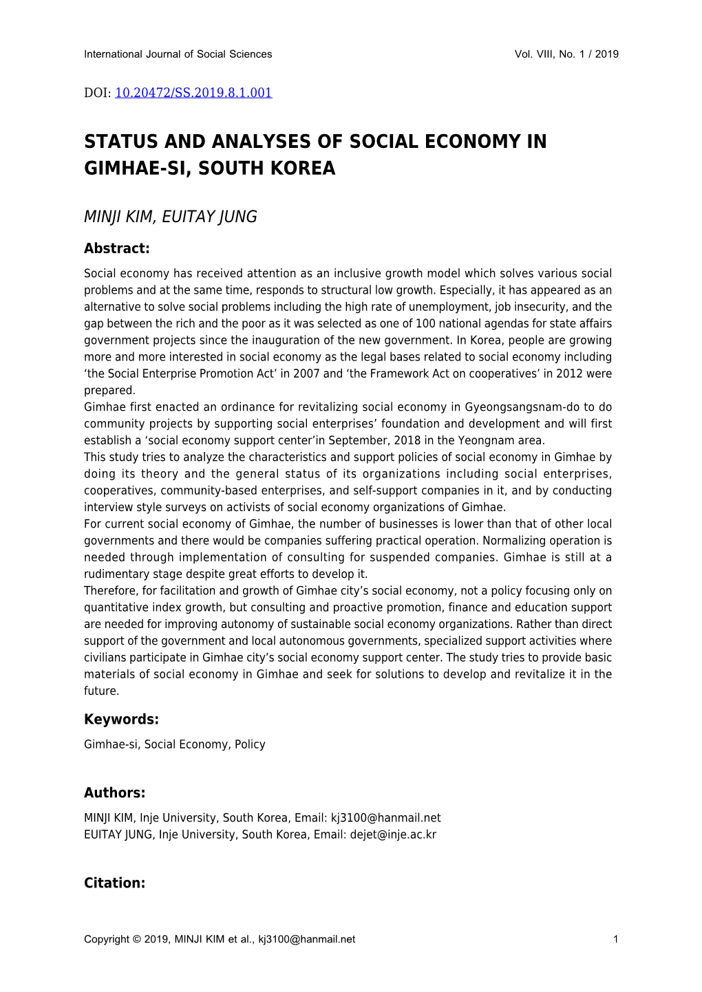 Status and Analyses of Social Economy in Gimhae-Si, South Korea