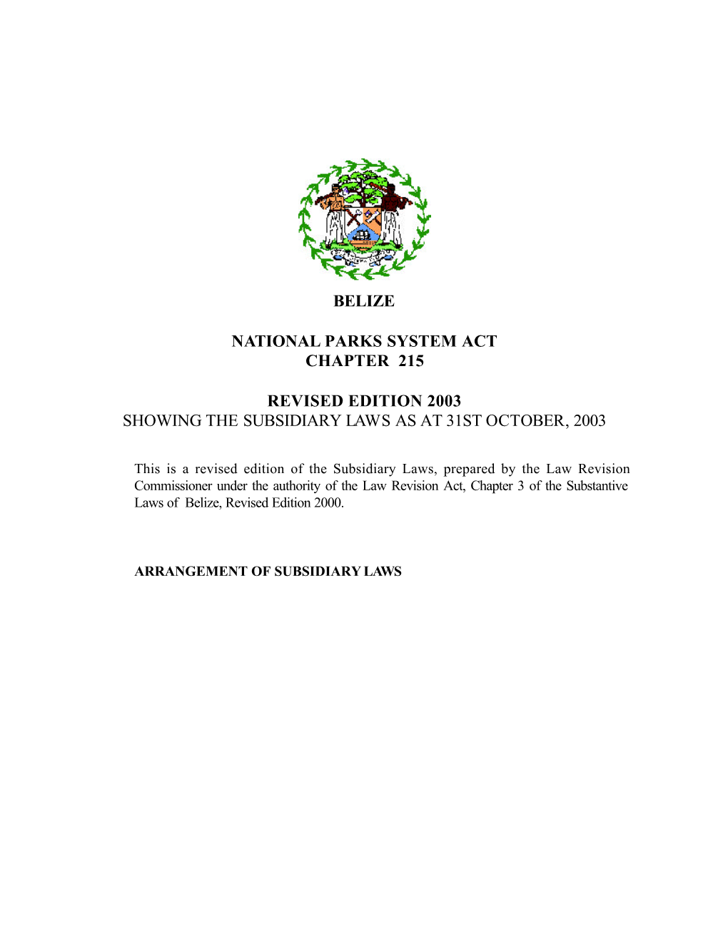 Belize National Parks System Act Chapter 215 Revised