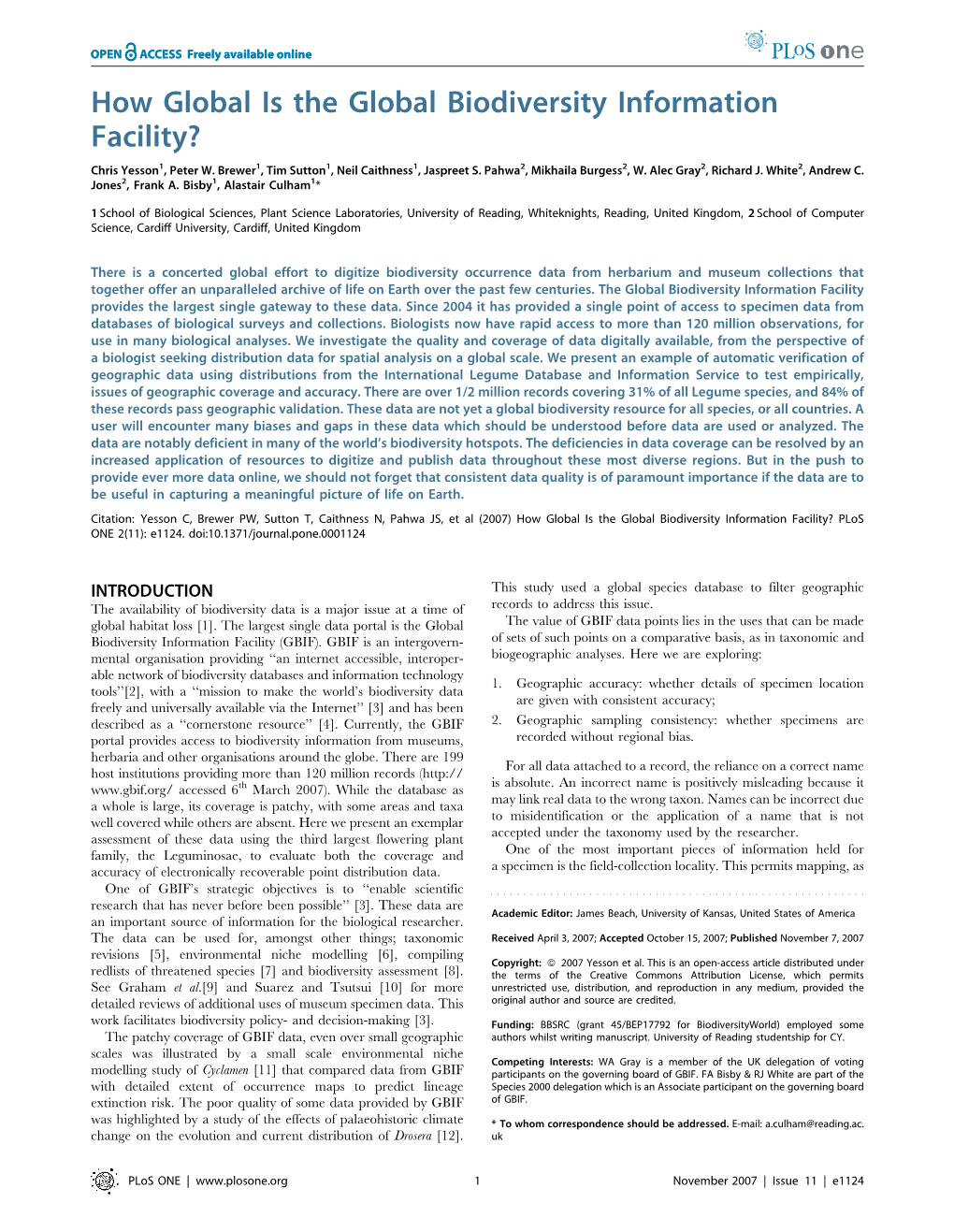 How Global Is the Global Biodiversity Information Facility? Chris Yesson1, Peter W