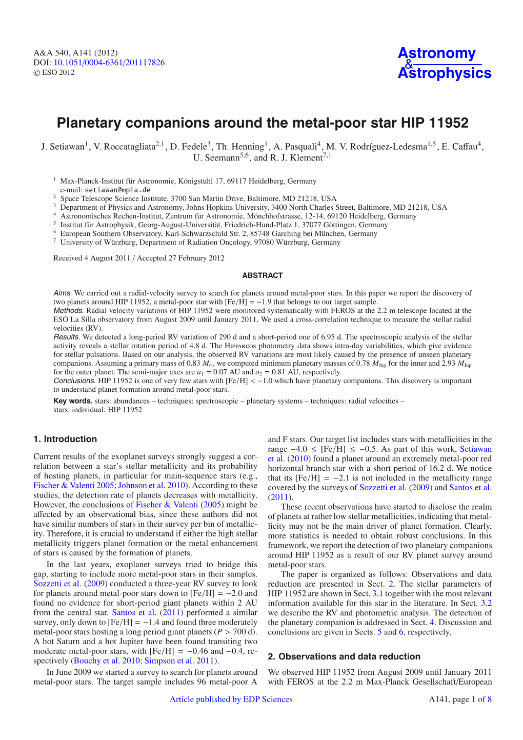 Planetary Companions Around the Metal-Poor Star HIP 11952