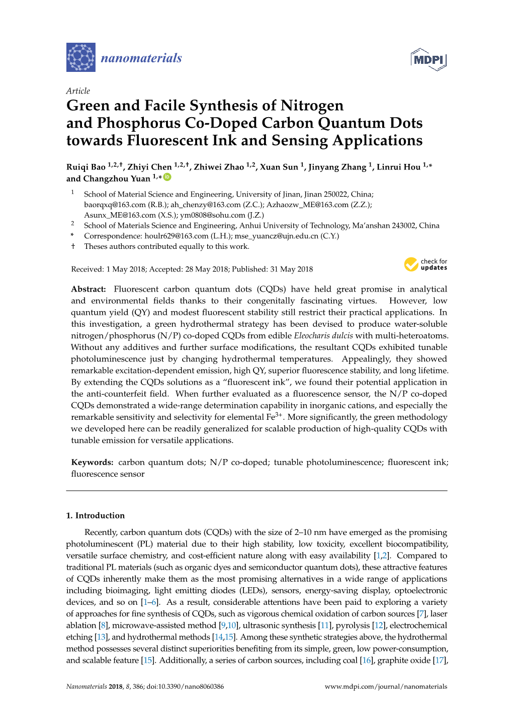 Green and Facile Synthesis of Nitrogen and Phosphorus Co-Doped Carbon Quantum Dots Towards Fluorescent Ink and Sensing Applications