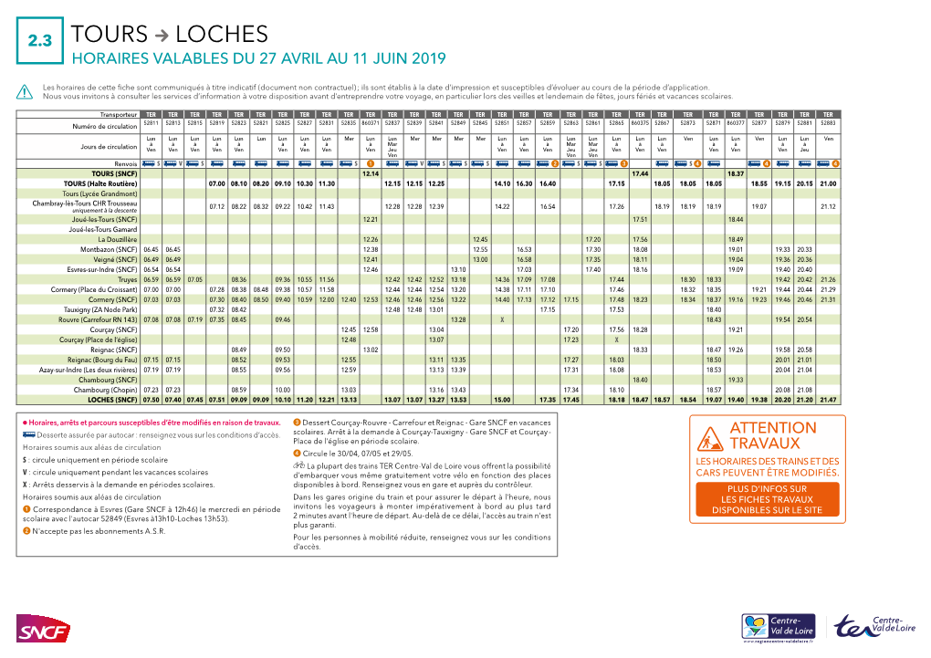 2.3 Tours Loches Horaires Valables Du 27 Avril Au 11 Juin 2019