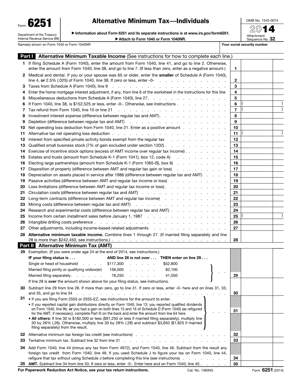 Form 6251 ▶ 14 Information About Form 6251 and Its Separate Instructions Is At