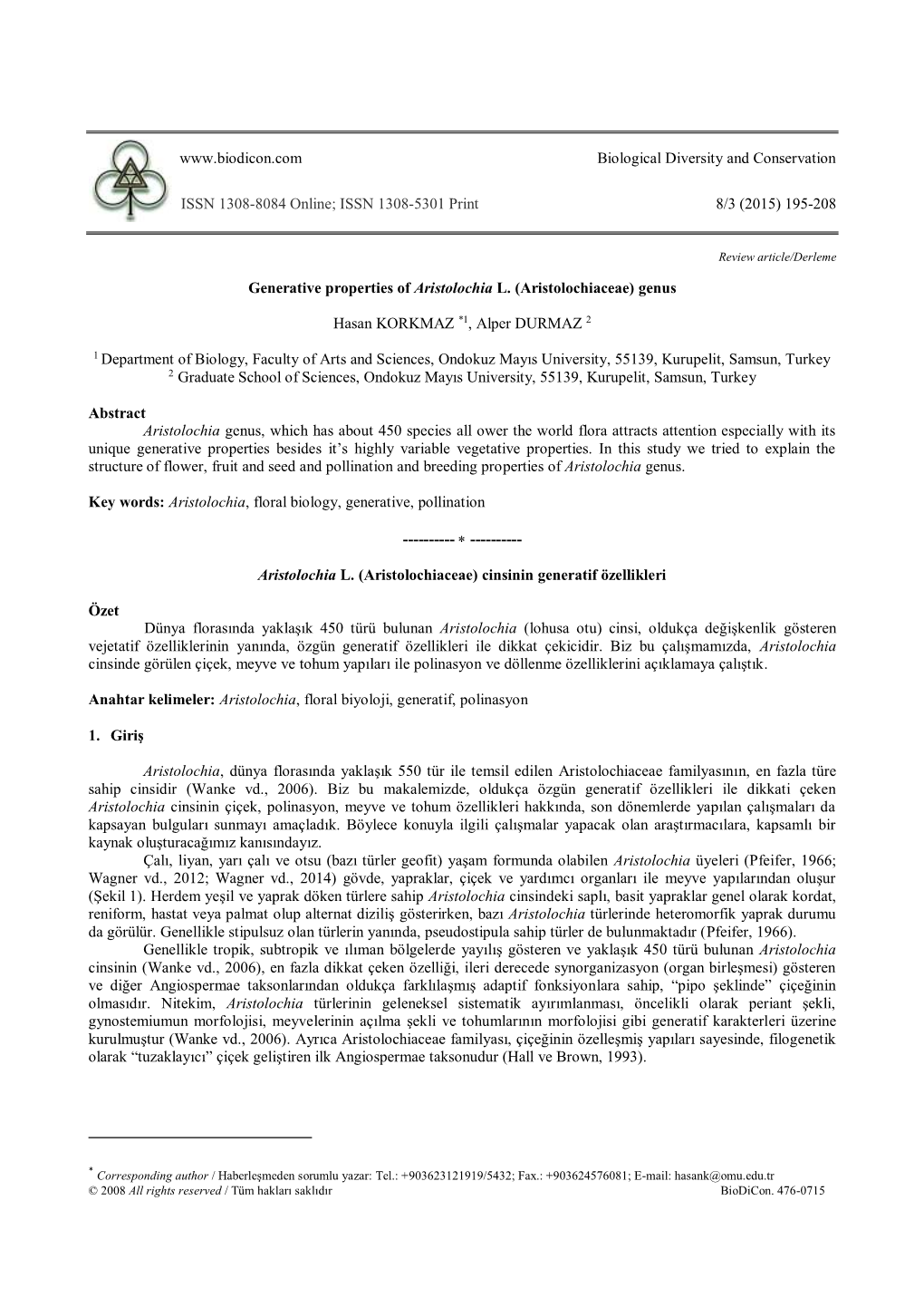 Aristolochia L. Aristolochiaceae Cinsinin Generatif Özellikleri