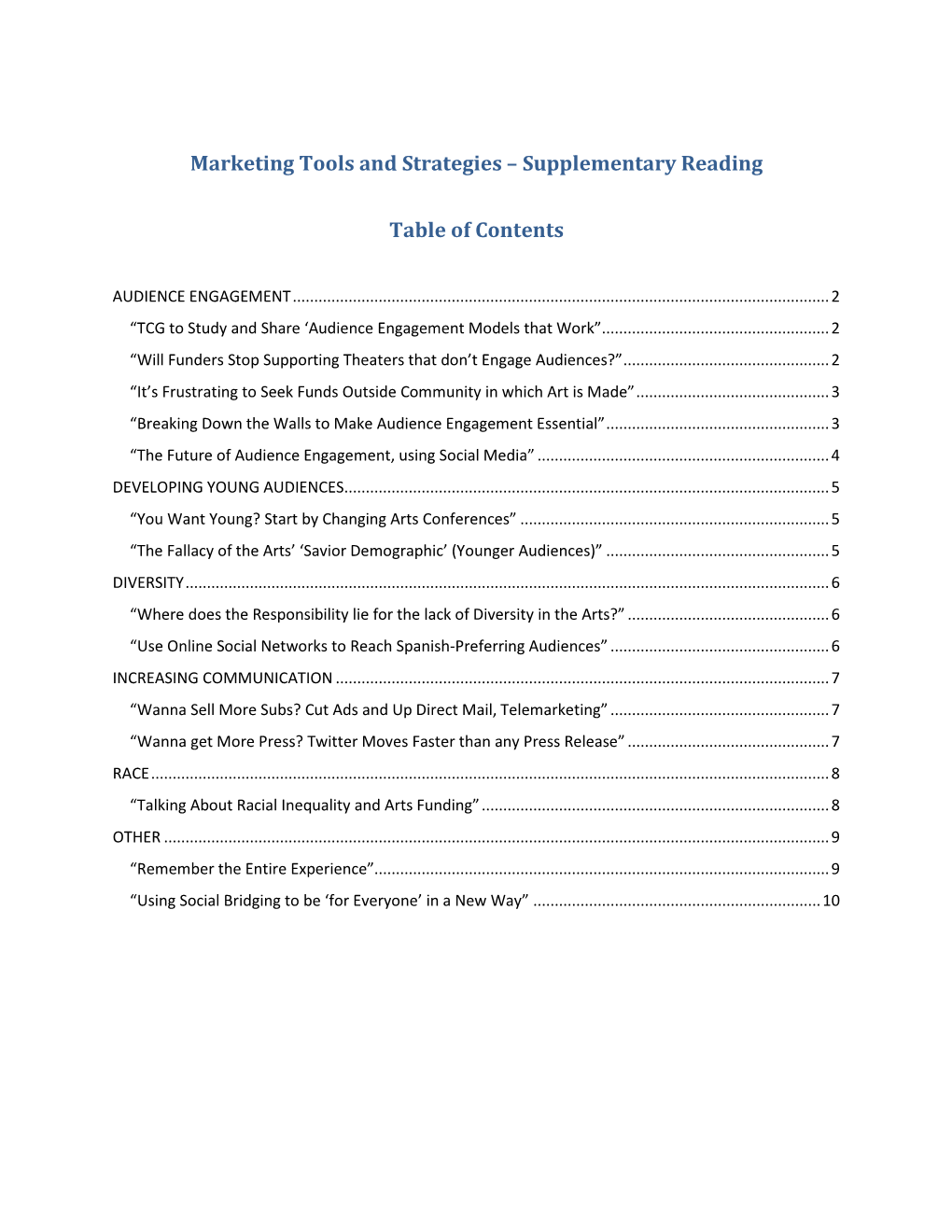Marketing Tools and Strategies – Supplementary Reading Table Of