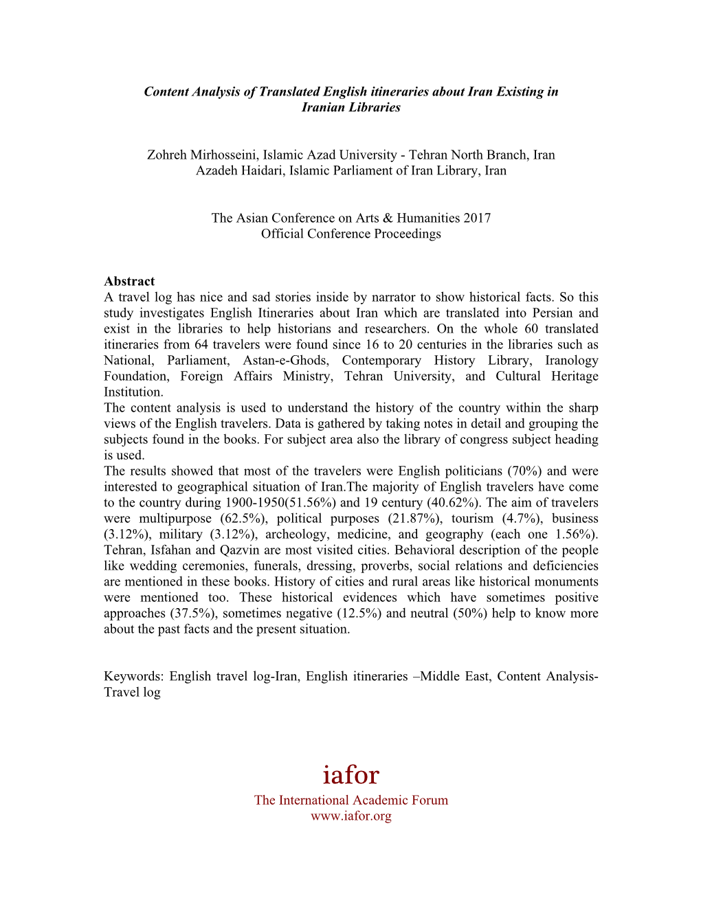 Content Analysis of Translated English Itineraries About Iran Existing in Iranian Libraries