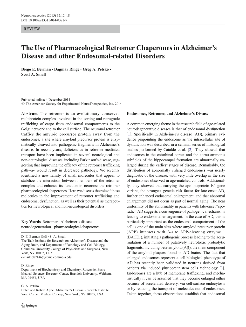 The Use of Pharmacological Retromer Chaperones in Alzheimer's