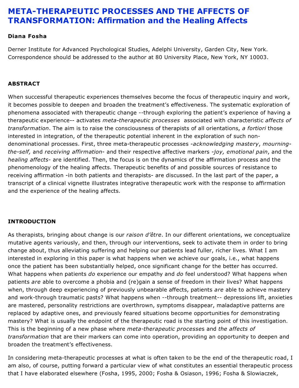 META-THERAPEUTIC PROCESSES and the AFFECTS of TRANSFORMATION: Affirmation and the Healing Affects