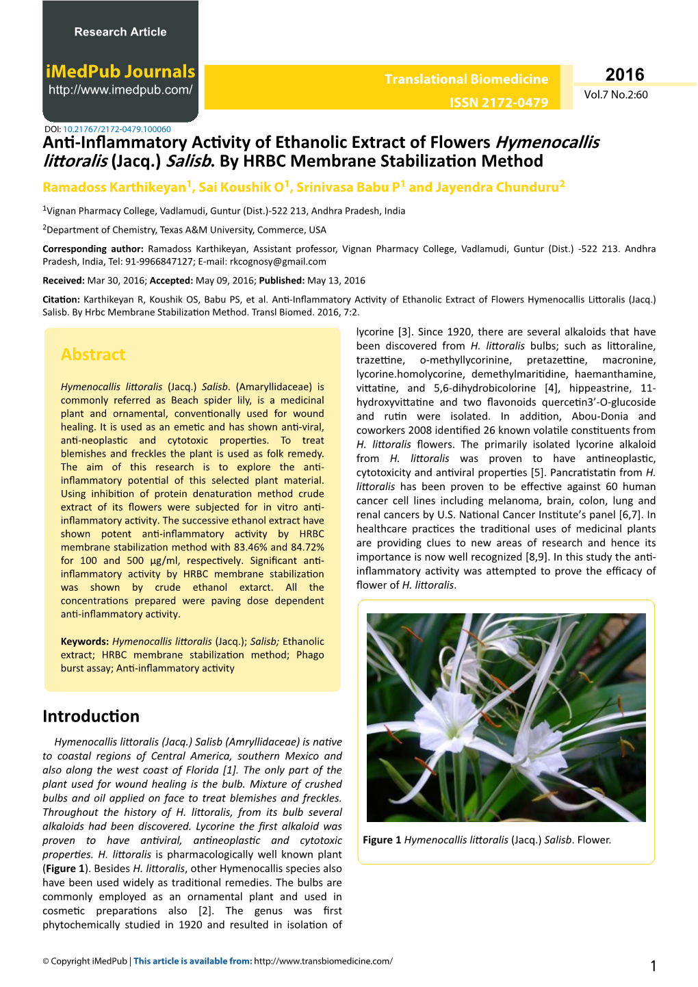 Anti-Inflammatory Activity of Ethanolic Extract of Flowers Hymenocallis Littoralis (Jacq.) Salisb. by HRBC Membrane Stabilizatio