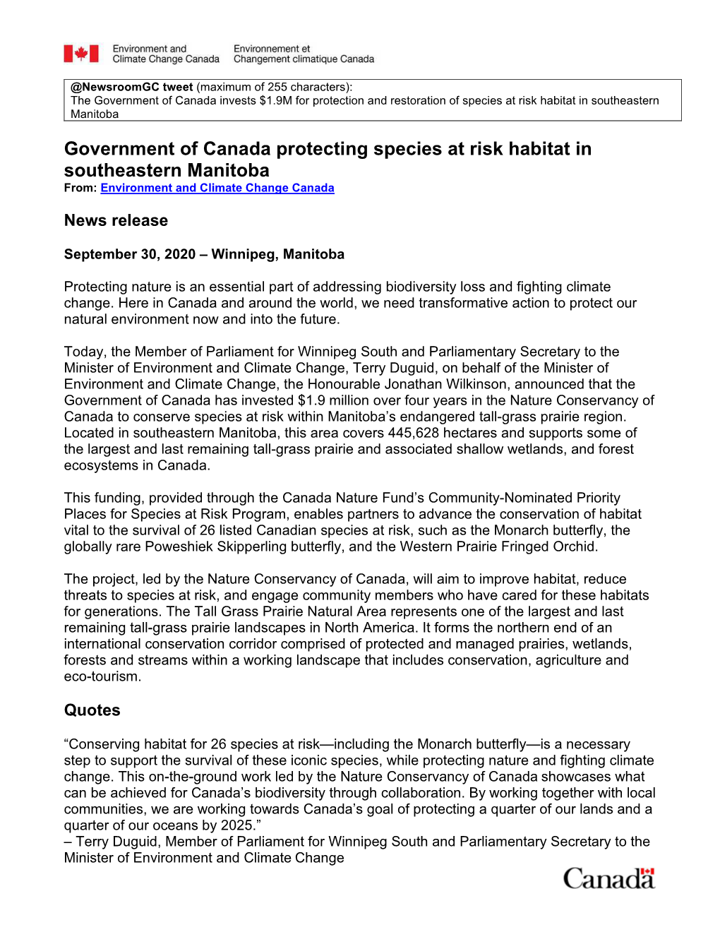 Government of Canada Protecting Species at Risk Habitat in Southeastern Manitoba From: Environment and Climate Change Canada