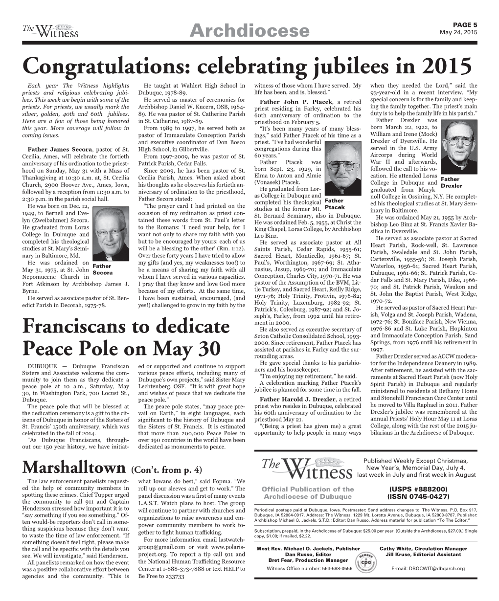 Congratulations: Celebrating Jubilees in 2015 Each Year the Witness Highlights He Taught at Wahlert High School in Witness of Those Whom I Have Served