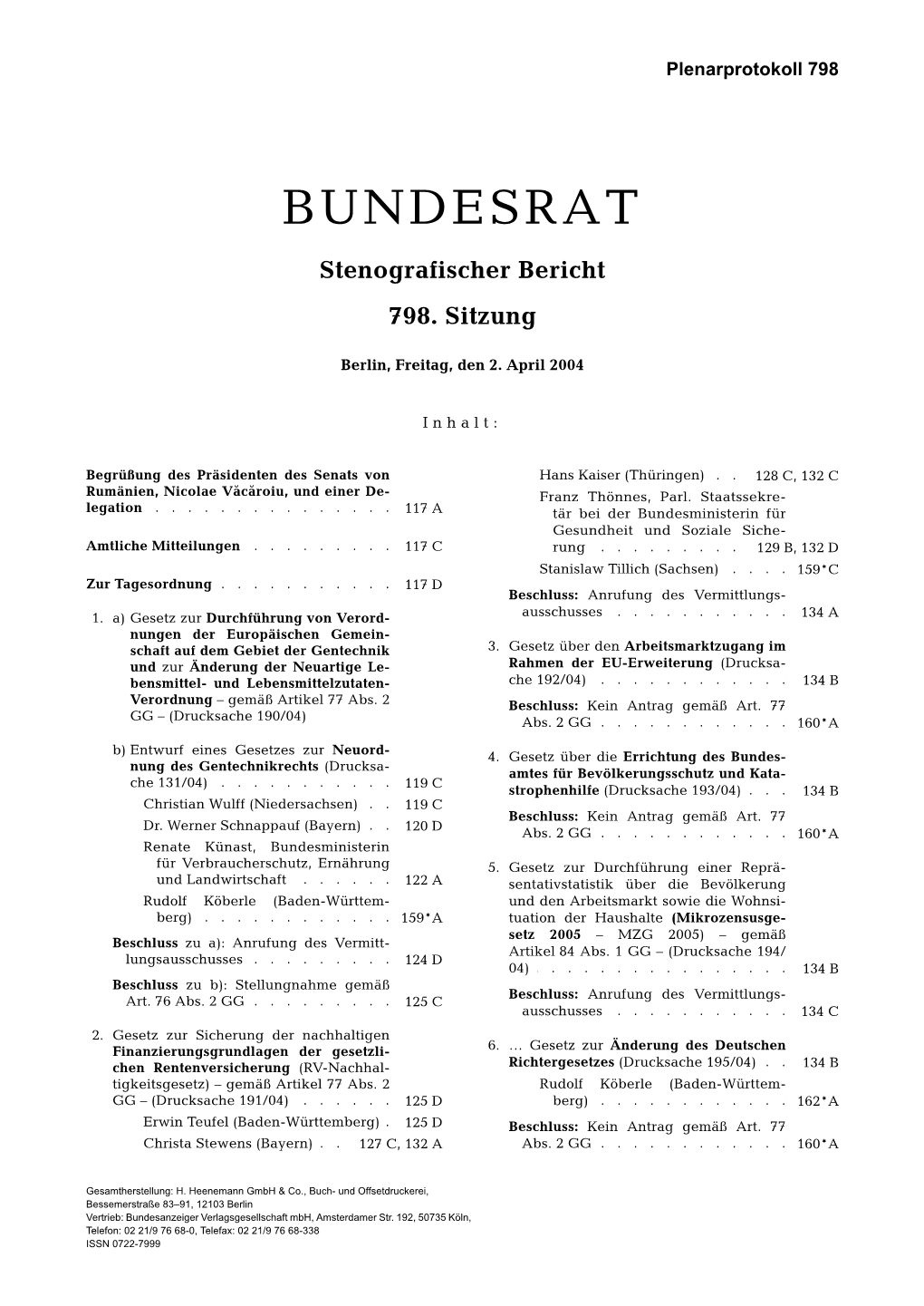 Bundesrat 798. Sitzung