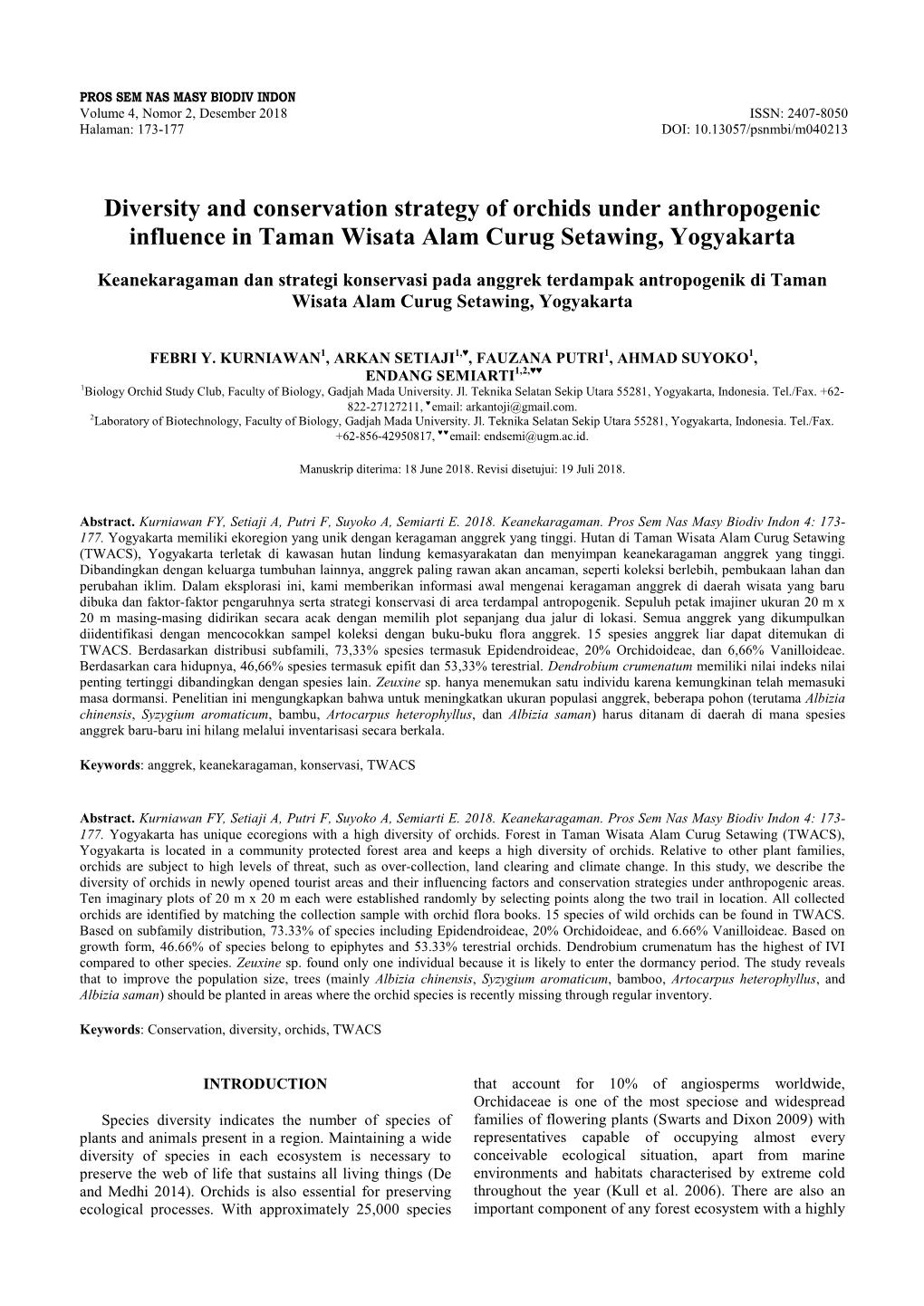 Diversity and Conservation Strategy of Orchids Under Anthropogenic Influence in Taman Wisata Alam Curug Setawing, Yogyakarta