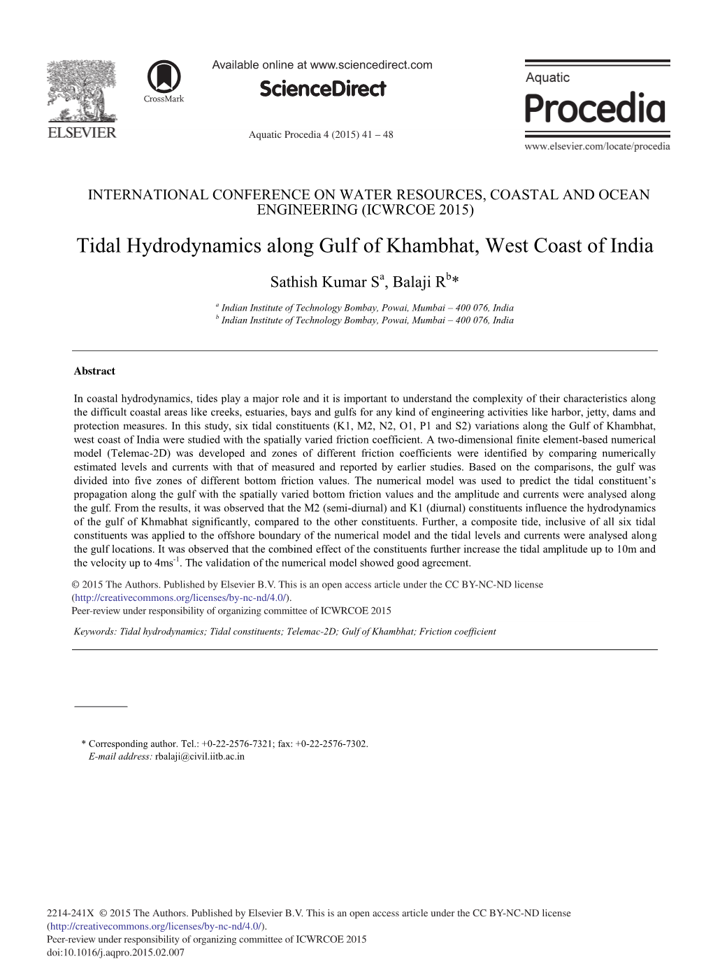 Tidal Hydrodynamics Along Gulf of Khambhat, West Coast of India
