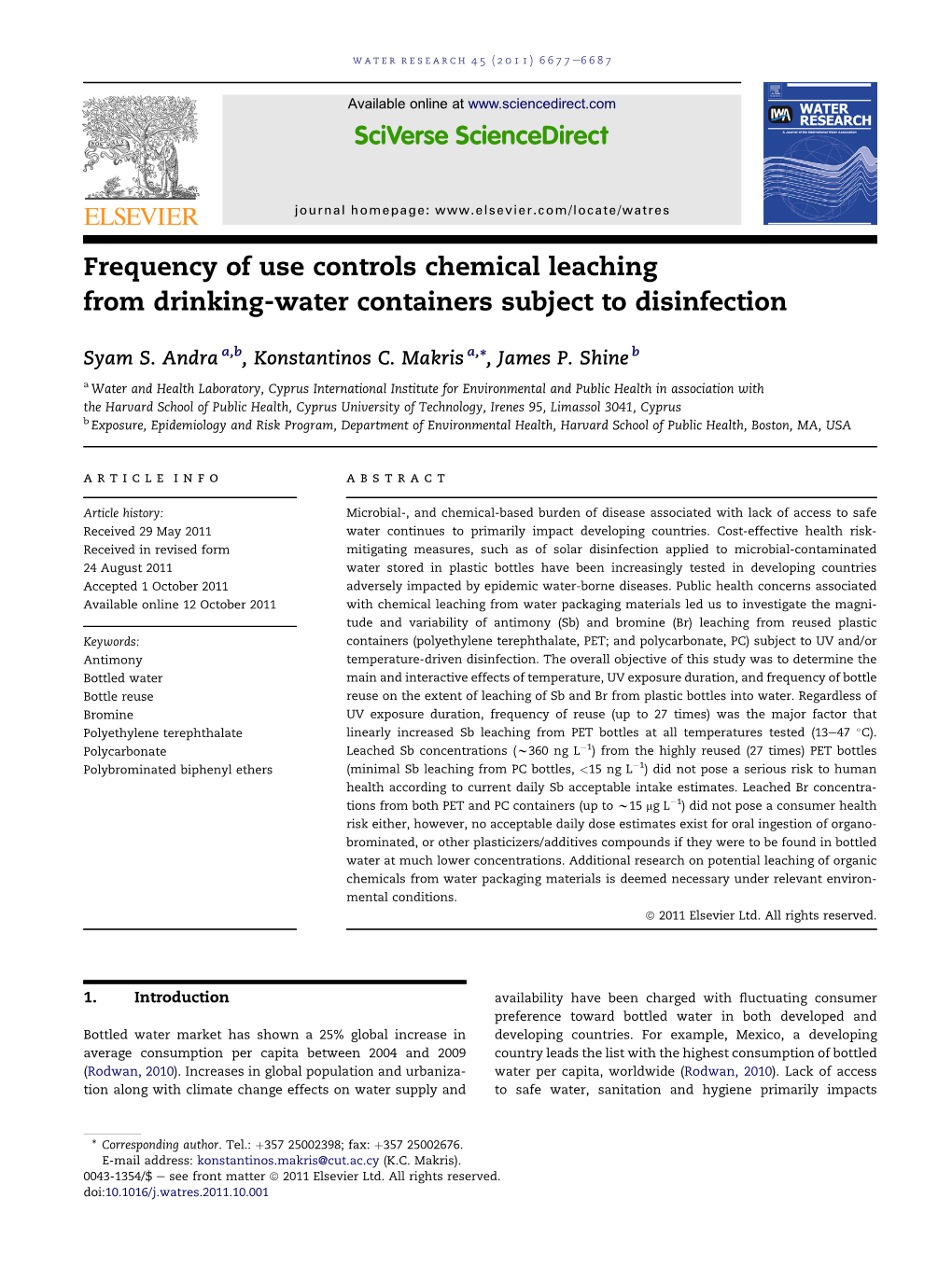 Frequency of Use Controls Chemical Leaching from Drinking-Water Containers Subject to Disinfection