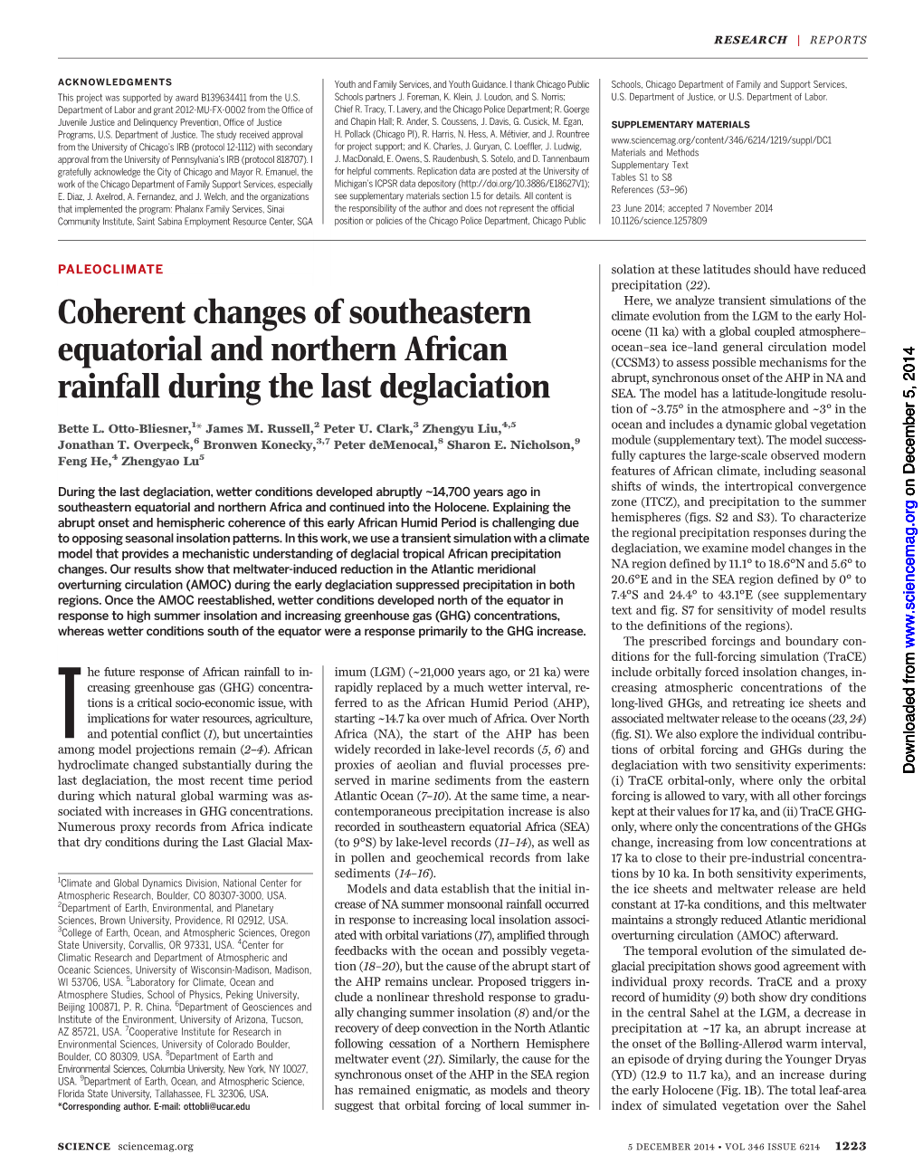 Coherent Changes of Southeastern Equatorial and Northern African Rainfall During the Last Deglaciation Bette L