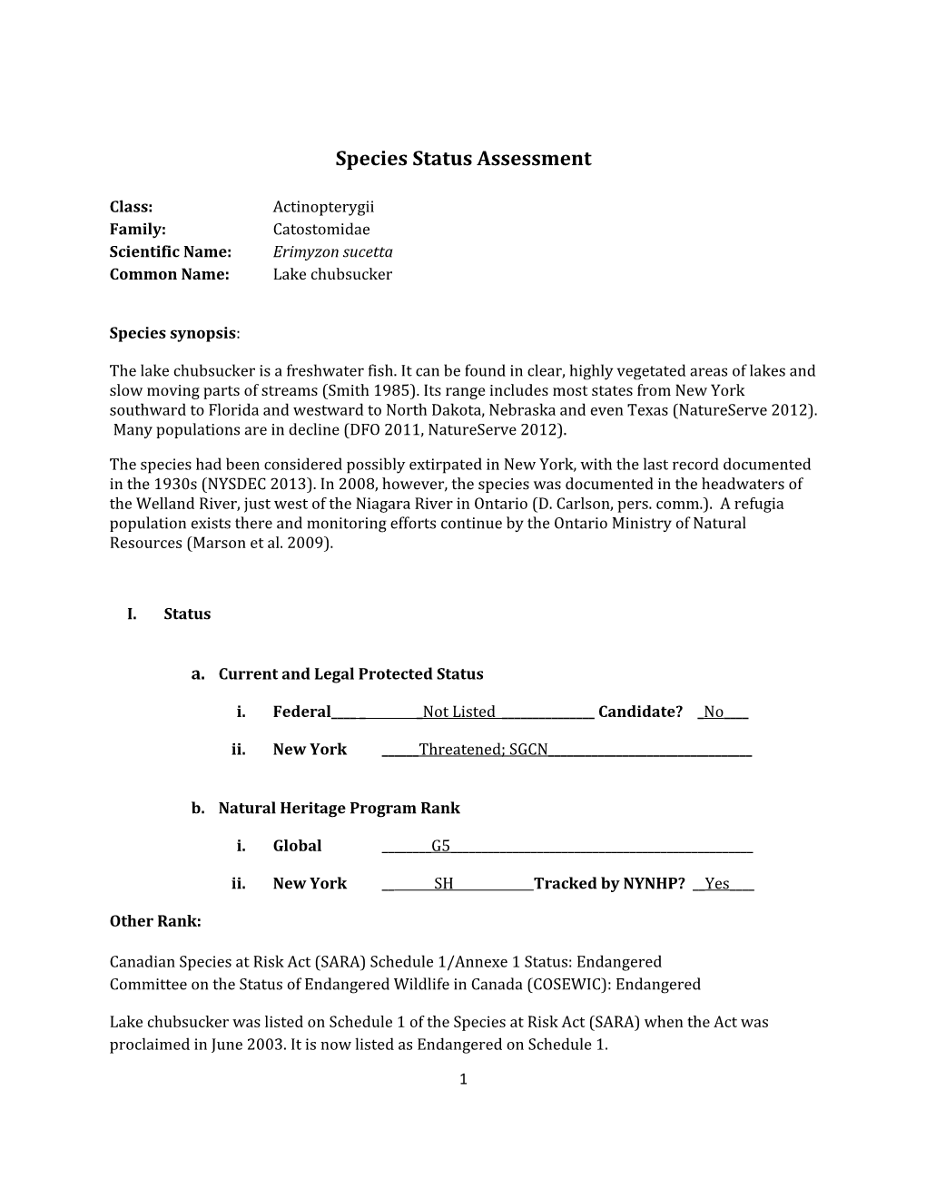 Species Assessment for Lake Chubsucker