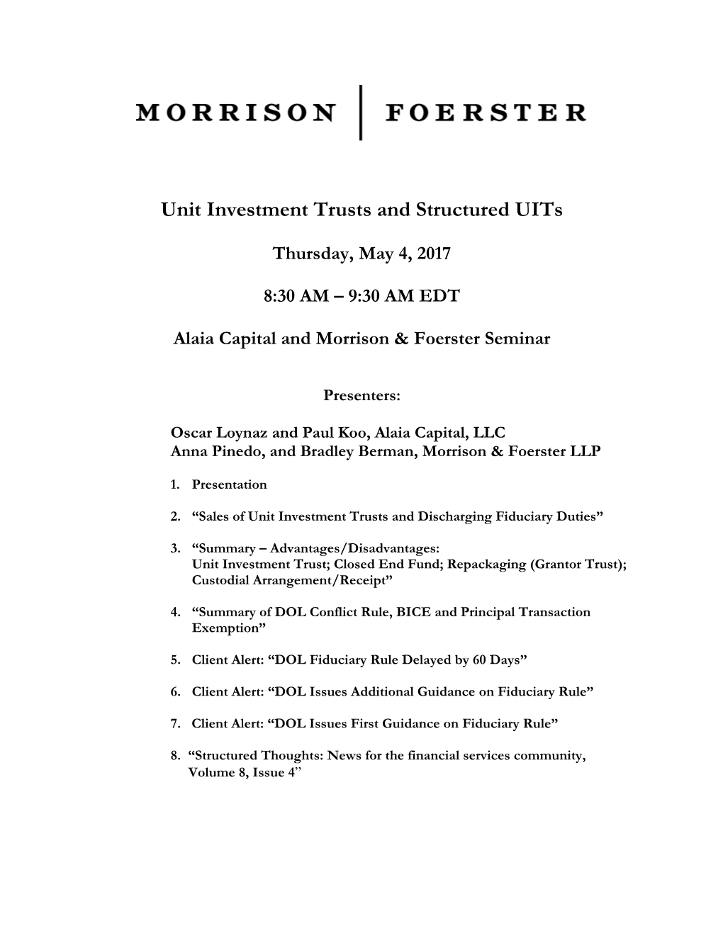 Unit Investment Trusts and Structured Uits