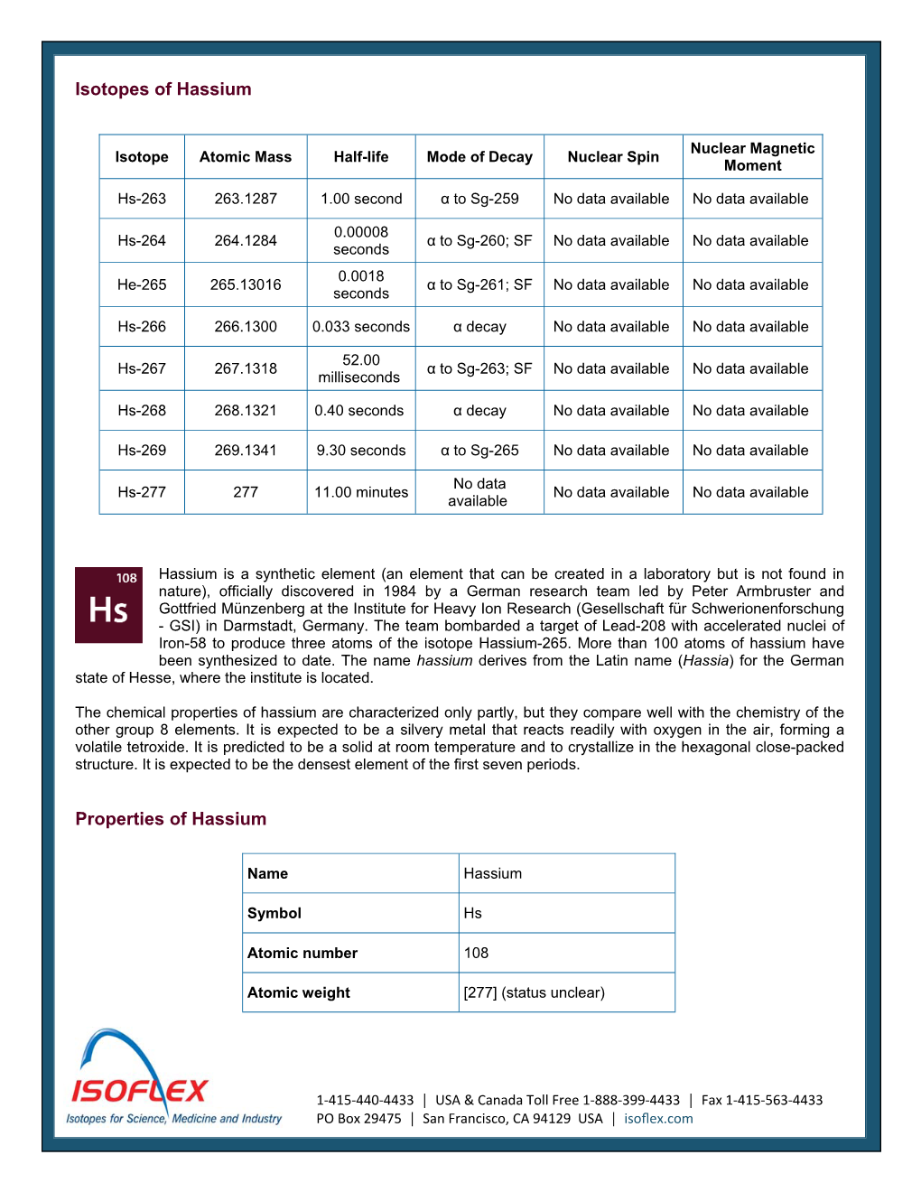 Isotopes of Hassium Properties of Hassium