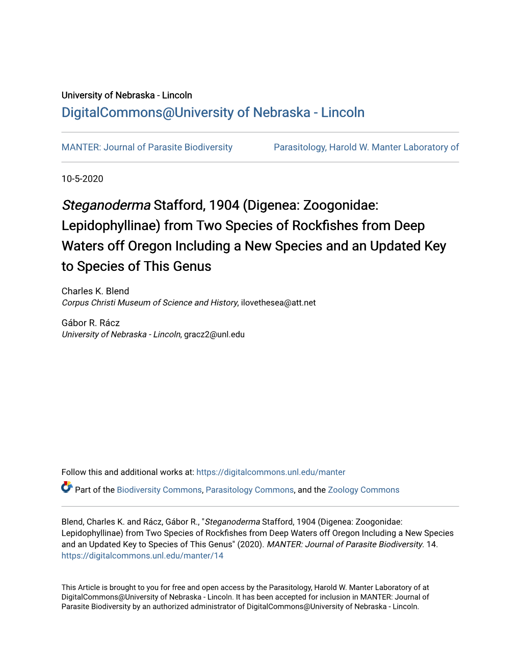 Digenea: Zoogonidae: Lepidophyllinae) from Two Species of Rockfishes from Deep Waters Off Oregon Including a New Species and an Updated Key to Species of This Genus